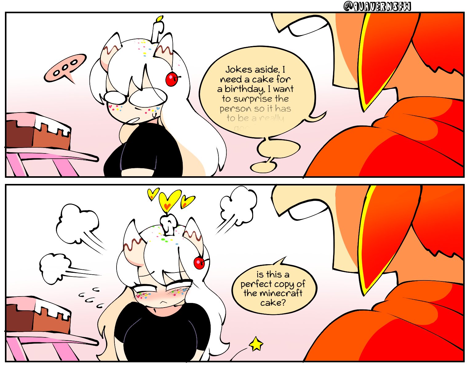big boobs, big breasts, big tits, big titties, black shirt, breasts, cake, candle on head, cherry on head, confetti (quavernsfw), disappointed expression, disappointed look, female, heart shaped flare, horny female, male, mango quaver (male), minecraft, no pupils, oc, orange hoodie, orange shirt, orange-haired male, original, quavernsfw, star, tagme, white-haired female