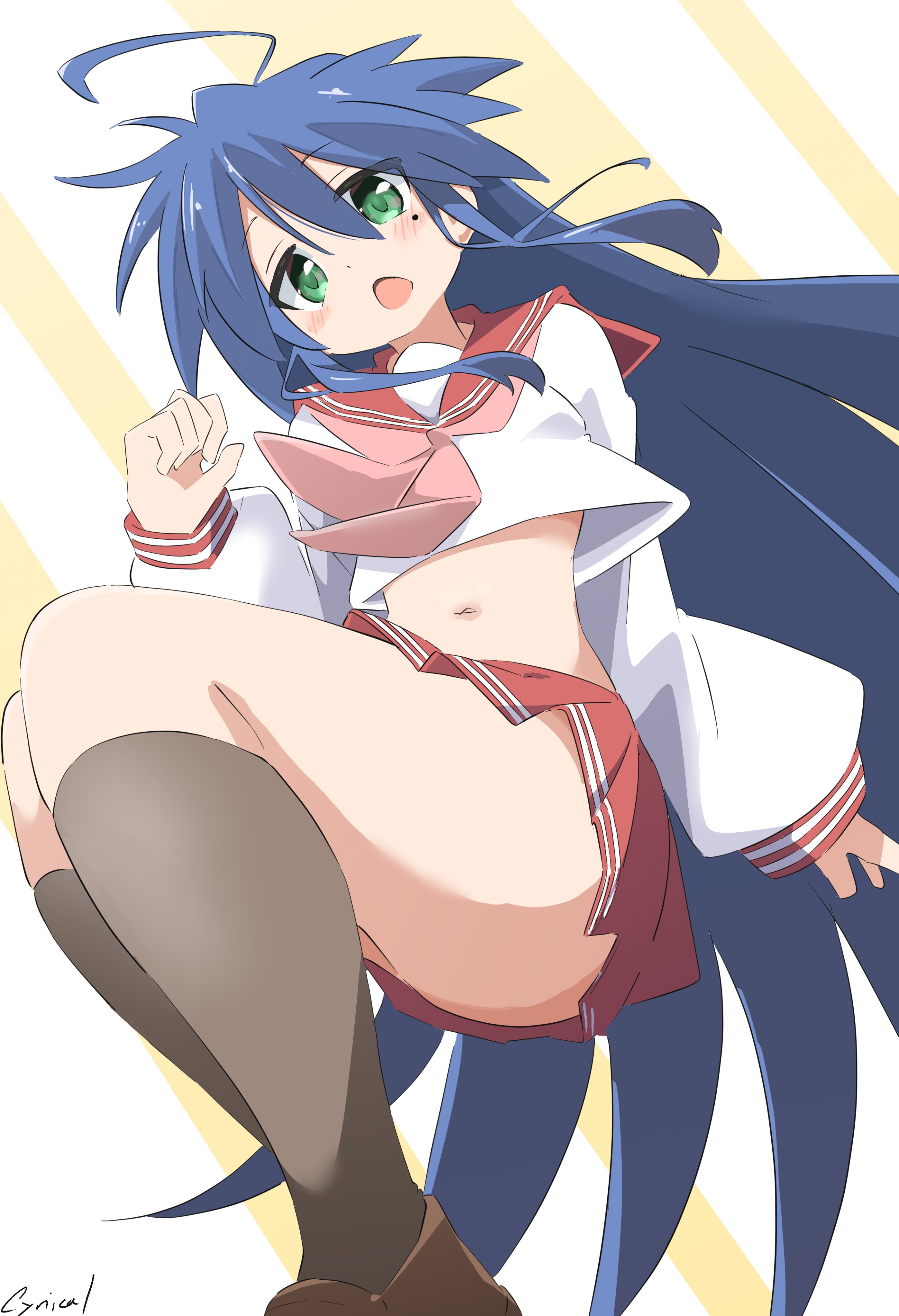 1girls, artist request, bare midriff, blue hair, female, green eyes, kneesocks, konata izumi, lucky star, mole under eye, navel, open mouth, ryouou school uniform, solo, tagme, thighs, very long hair