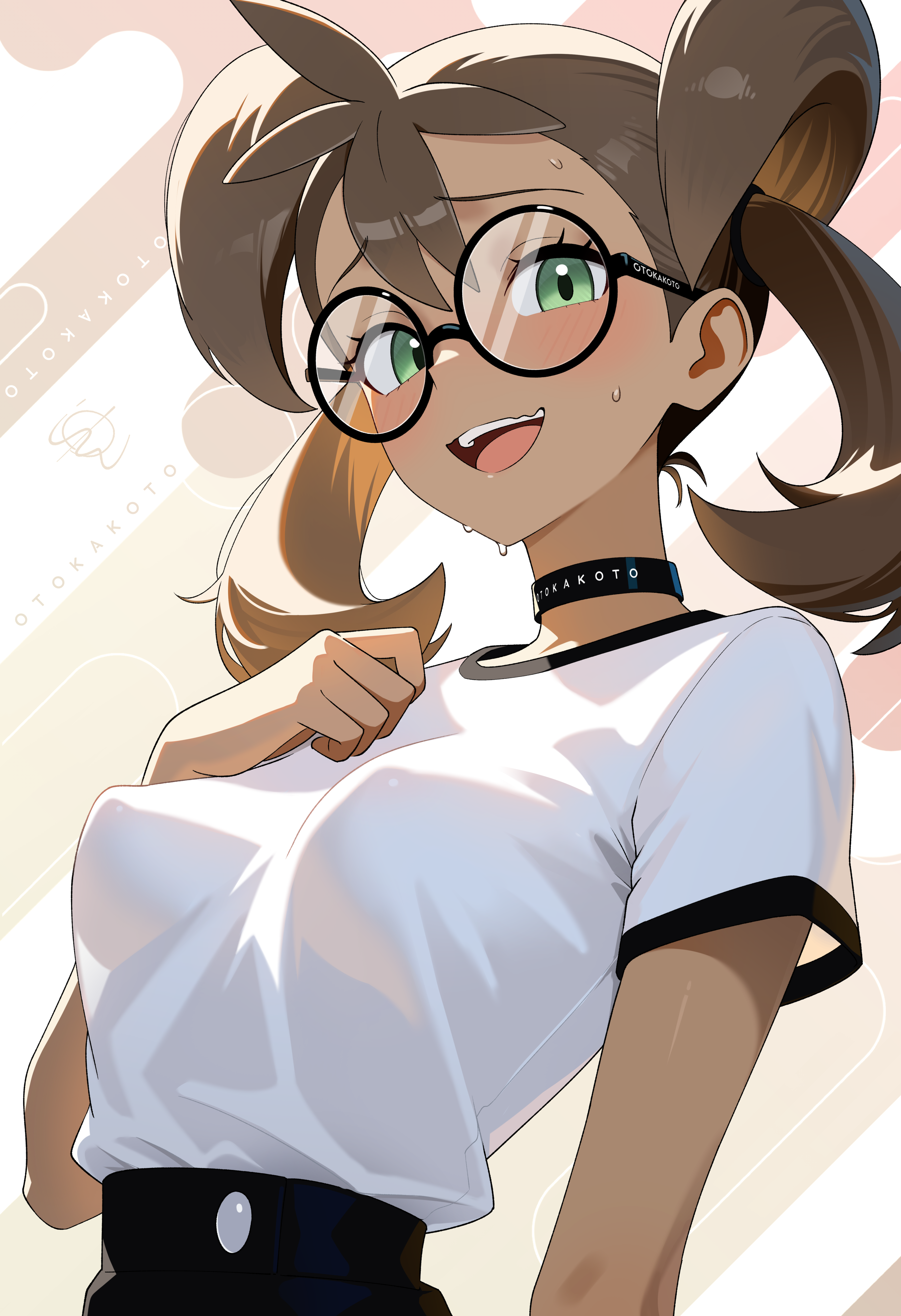 ai generated, breasts, brown hair, brown skin, choker, circle glasses, female, game freak, glasses, green eyes, medium breasts, nerd, nerdy female, nervous smile, nervous sweat, olive skin, otokakoto, perky breasts, perky nipples, pokemon, pokemon xy, shauna (pokemon), thin waist, white shirt