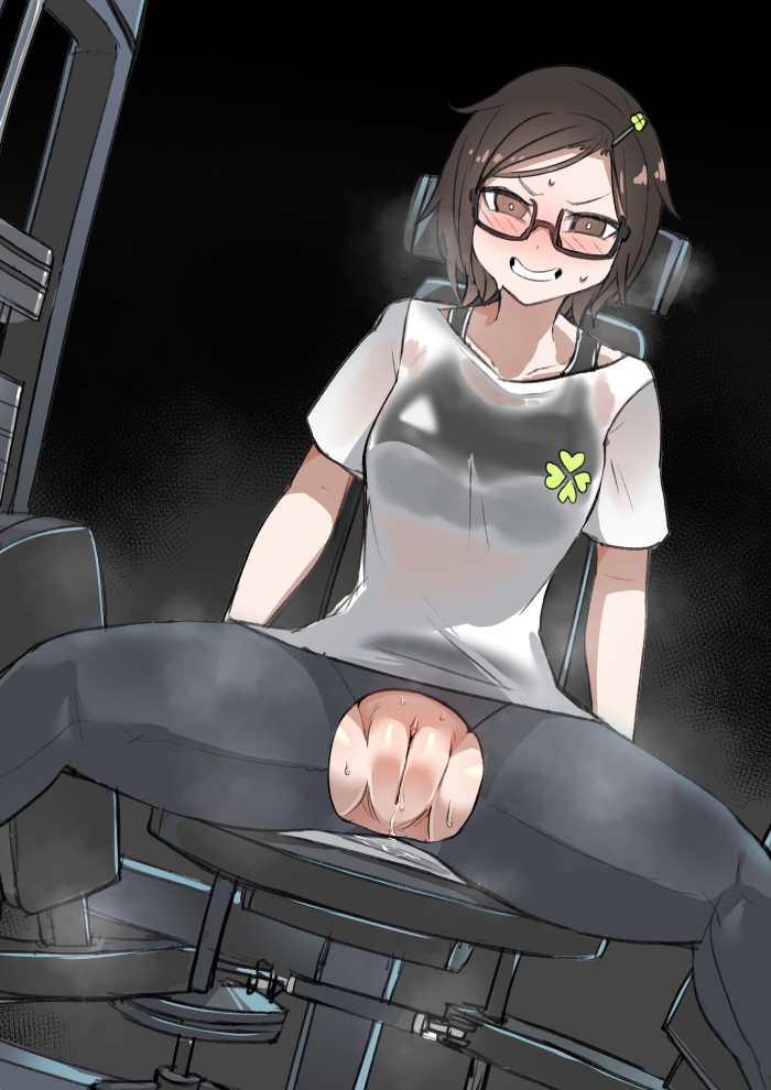1girls, 2d, 2d (artwork), clothing cutout, crotch cutout, female, female focus, female only, hip adductor machine, kannovaku, pussy, pussy cutout, torn clothes, torn clothing, torn legwear, ukavonnak