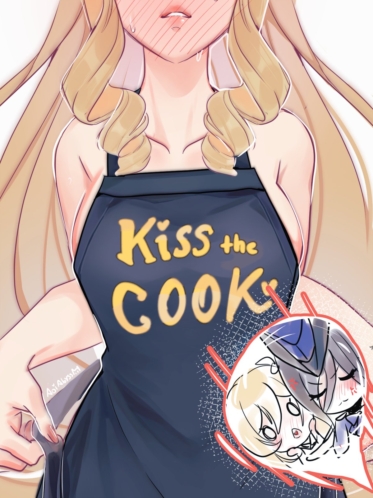 3girls, aoiabyss, apron, apron only, blonde hair, blush, breasts, clorinde (genshin impact), close-up, curvaceous, curvy, drill hair, english text, female, genshin impact, head out of frame, kiss the cook, large breasts, lesbian focus, lips, lumine (genshin impact), naked apron, navia (genshin impact), sweat, yuri