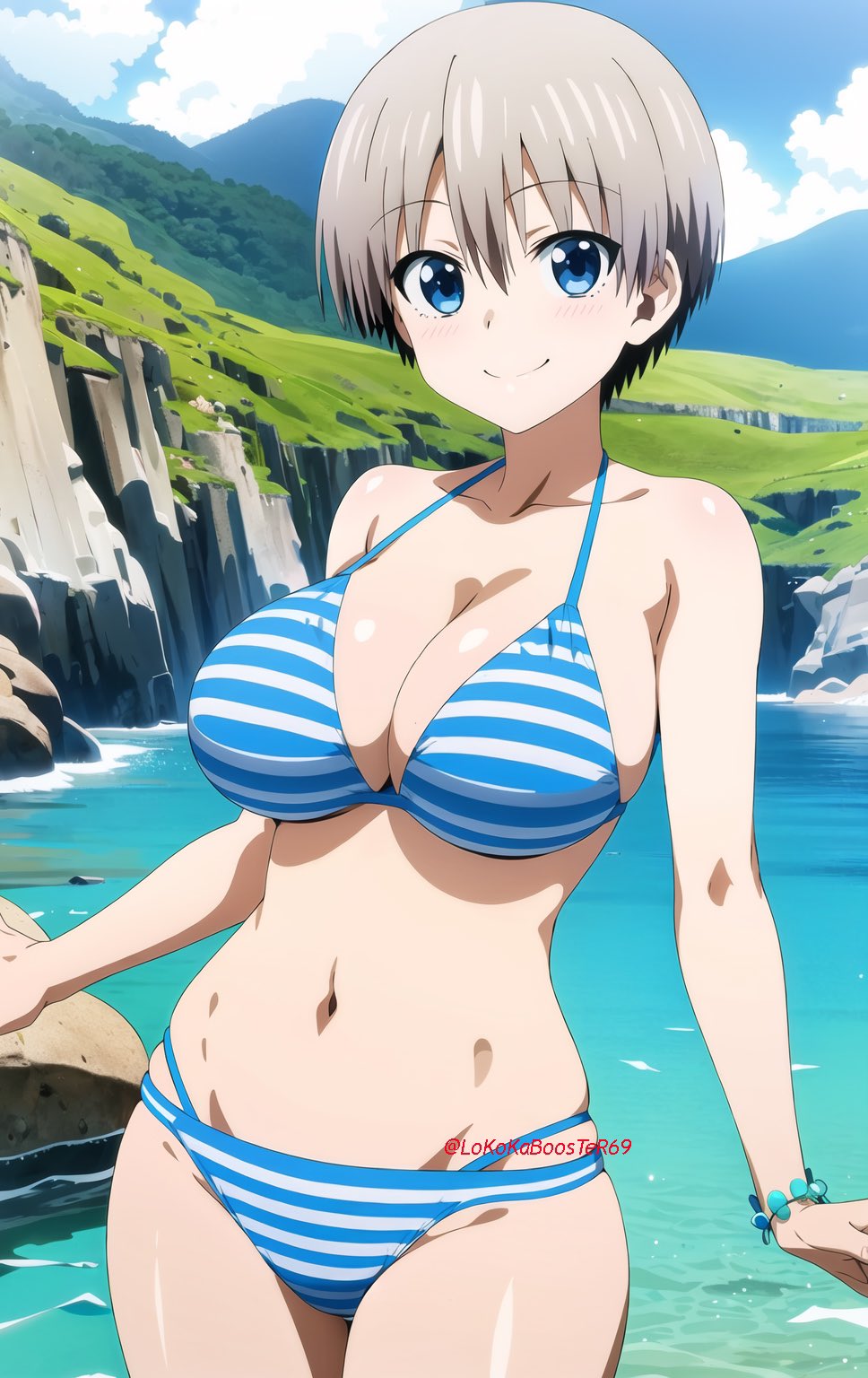 1girls, ai generated, beach, big breasts, bikini, blue eyes, breasts, busty, cleavage, female, female only, grey hair, hi res, large breasts, legs, looking at viewer, navel, ocean, short hair, smile, swimsuit, thighs, uzaki hana, uzaki-chan wa asobitai!, voluptuous, water