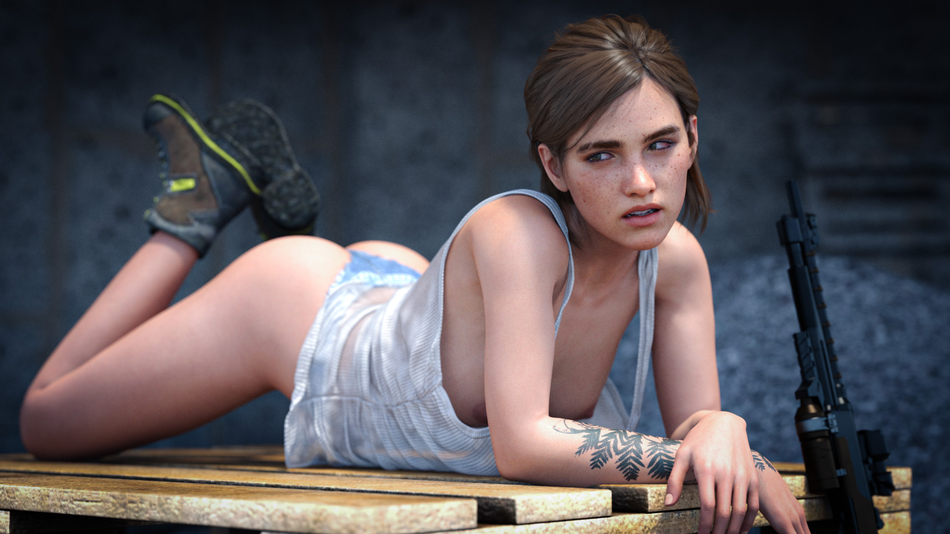 1girls, 3d, areolae, ass, athletic, athletic female, blue eyes, boots, breasts, brown hair, bubble ass, bubble butt, downblouse, ellie (the last of us), ellie williams, exposed breasts, female, female focus, female only, freckles, gun, human, long hair, nipples, no bra, panties, petite, pinup, pinup pose, pose, posing, small breasts, tank top, tattoo, the last of us, the last of us 2, thong, tied hair, wide hips, zorglube