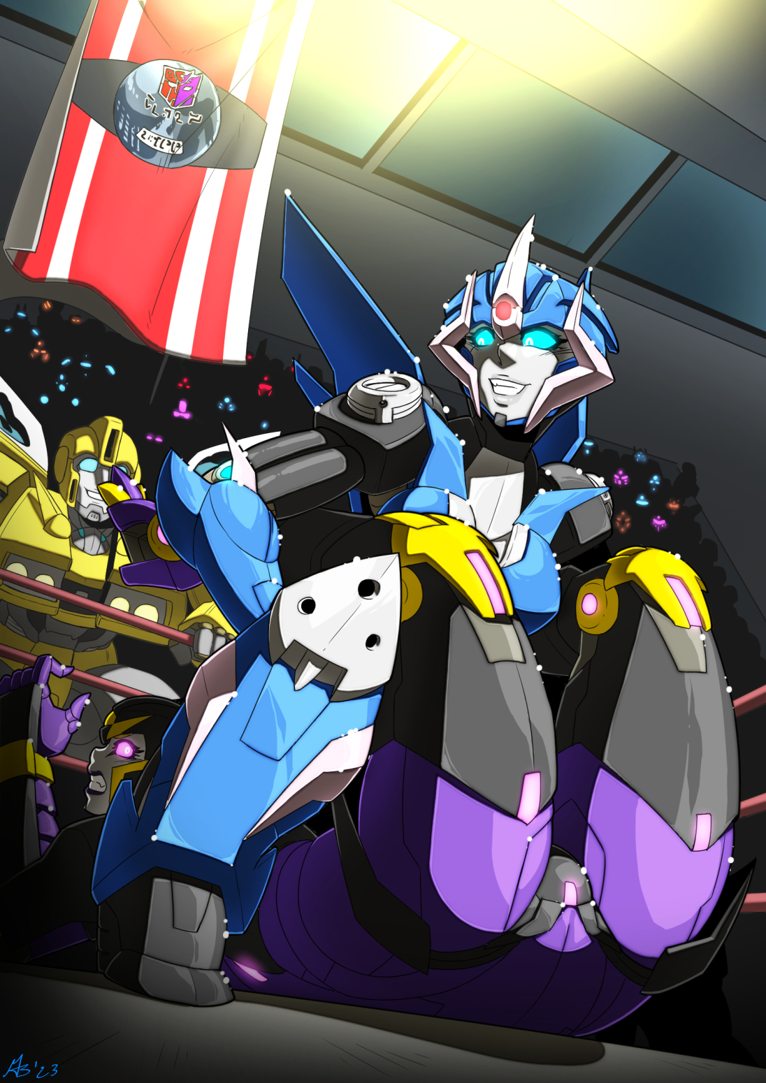 1boy, 2girls, airachnid, arcee, arcee (prime), autobot, being watched, blue eyes, boston crab, bumblebee (transformers), cybertronian, decepticon, female, female autobots, female focus, fight, mad-project, male, multiple females, multiple girls, pinned, red eyes, robot, robot boy, robot female, robot girl, robot humanoid, ryona, smirk, smirking, submission hold, thick thighs, transformers, transformers prime, wrestling, wrestling ring