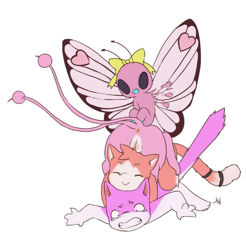 aogami butterfree dogpile female feral feral_on_feral furry legendary_pokemon mew pink_butterfree pokemon pokemon_(species) pussy stacked tagme tears wings