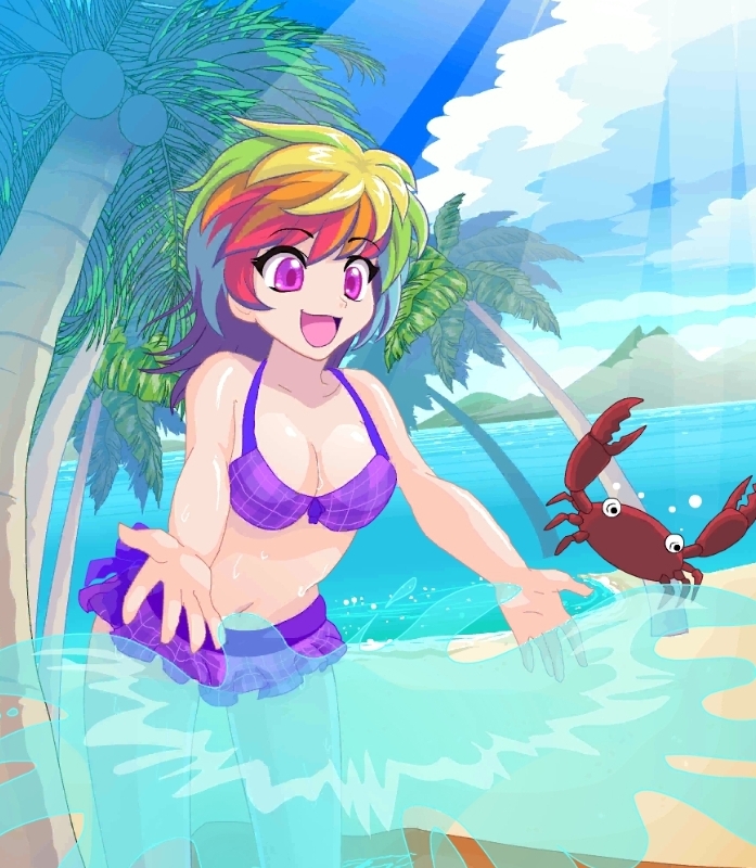 1girls accurate_art_style beach caucasian_female cleavage crab crush_crush female female_focus female_only happy iro_(crush_crush) pine_tree purple_bra purple_skirt rainbow_hair sad_panda_studios splash sunny water