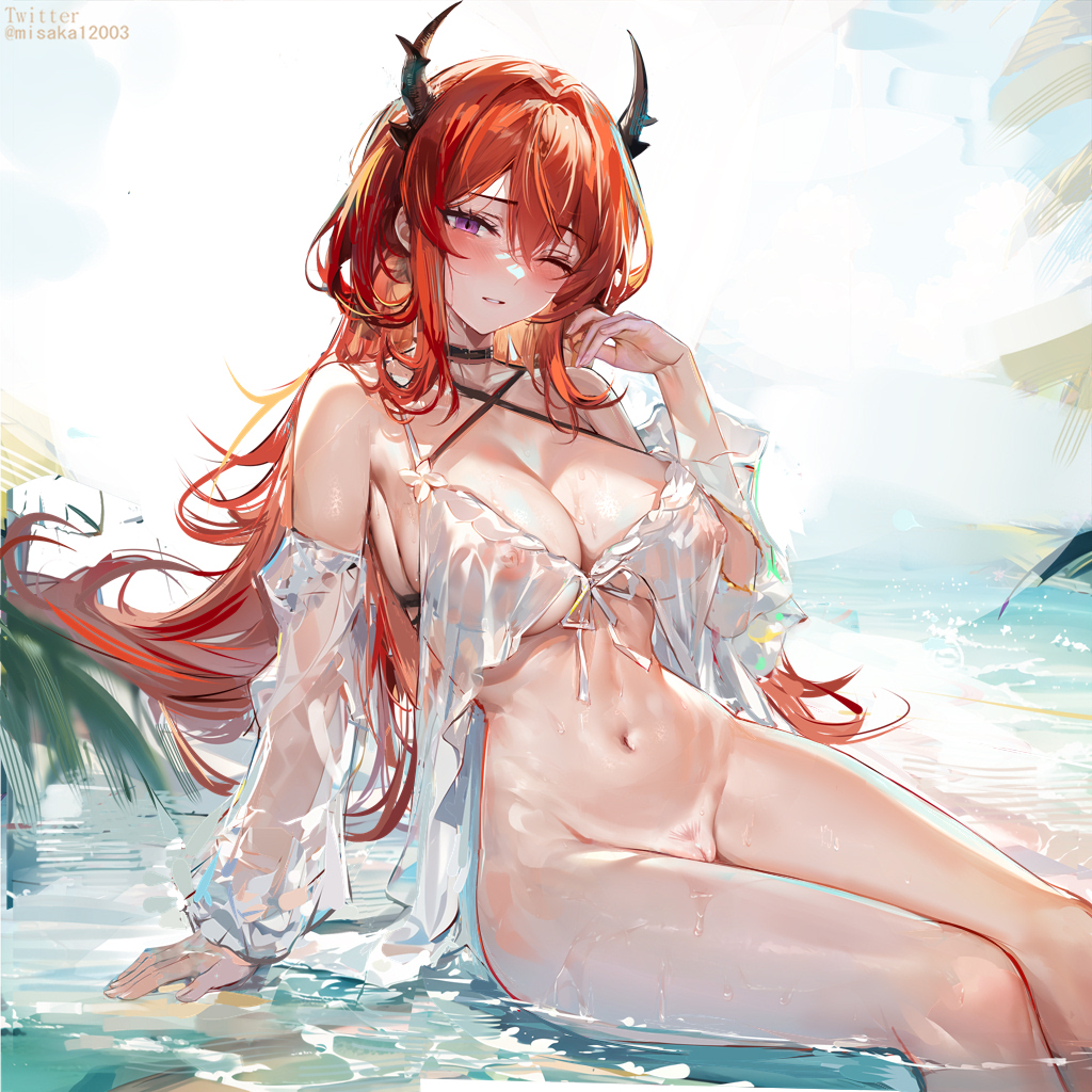 arknights, bare shoulders, blush, bottomless, breasts, cleavage, collarbone, commentary, covered erect nipples, demon horns, english commentary, feet out of frame, female, hair intakes, horns, large breasts, long hair, long sleeves, looking at viewer, misaka 12003-gou, navel, one eye closed, purple eyes, red hair, sitting, solo, surtr (arknights), thighs, uncensored, water, wet