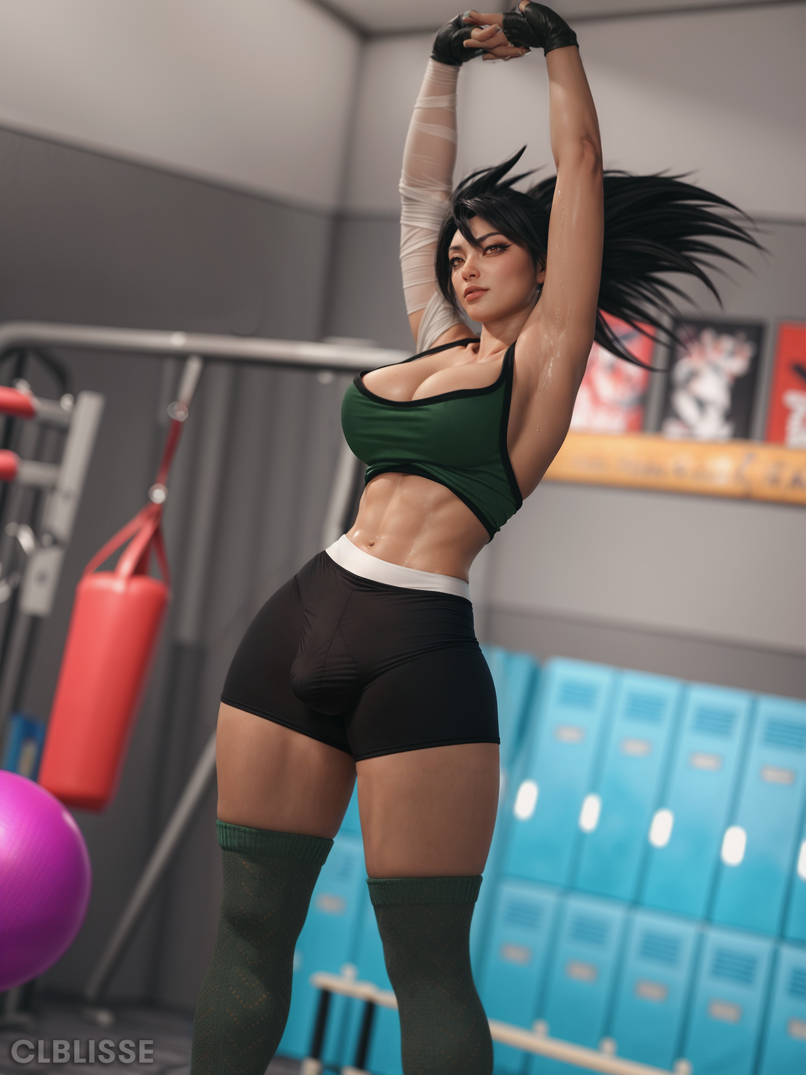 1futa, 3d, abs, akali, armpits, arms up, balls, balls bulge, balls under clothes, bandaged arm, big breasts, blurry background, breasts, brown eyes, bulge, clblisse, cleavage, fingerless gloves, flaccid, futa only, futanari, gym, indoors, intersex, league of legends, light skin, light-skinned futa, locker, looking at viewer, muscular, muscular futa, muscular thighs, navel, penis, penis bulge, penis under clothes, png, ponytail, riot games, solo, solo futa, sports bra, standing, stretching, tagme, toned, toned futa, wide hips