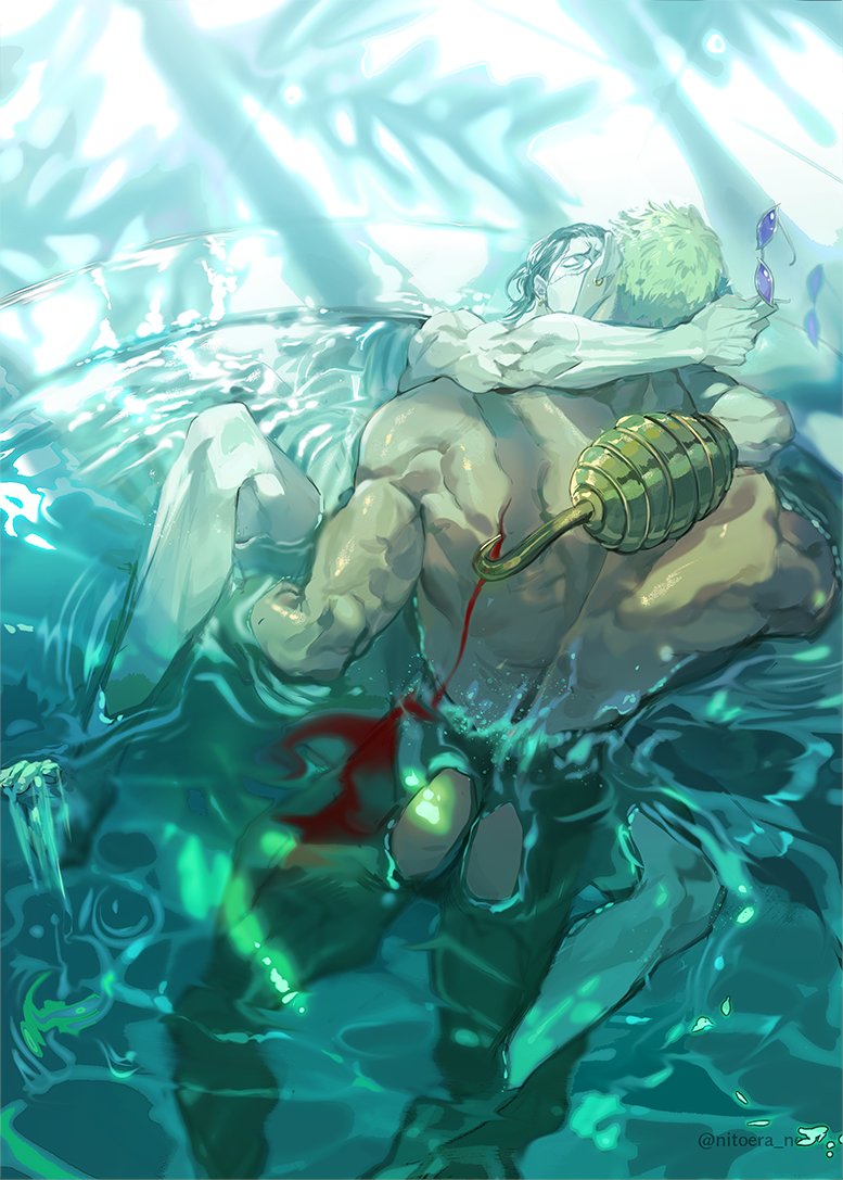 2boys back_muscles blood completely_nude detailed detailed_background donquixote_doflamingo embrace gay hook_hand implied_sex kissing legs_held_open male male_only muscular muscular_male nitoera_ne nude one_piece partially_submerged sir_crocodile spread_legs sunglasses_removed tan_skin water yaoi