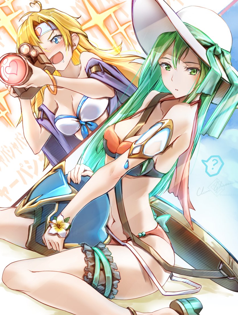 2girls ? alternate_costume bikini blonde_hair blue_eyes blush camera clear_glass_(mildmild1311) female female_only fire_emblem fire_emblem:_radiant_dawn garter green_eyes green_hair hat headband heather_(fire_emblem) helmet looking_at_viewer multiple_girls nephenee_(fire_emblem) nintendo open_mouth orange_bikini orange_swimsuit sitting sun_hat swimsuit white_bikini white_swimsuit yuri