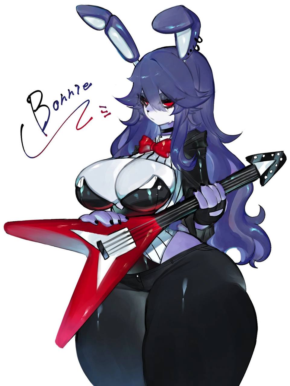 1girls, 2d, anthro, ass, big ass, big breasts, big butt, bonnie (fnaf), breasts, bunny ears, cleavage, clothed, clothing, cute, female, five nights at freddy's, five nights in anime, looking at viewer, rule 63, solo, thick thighs, togetoge