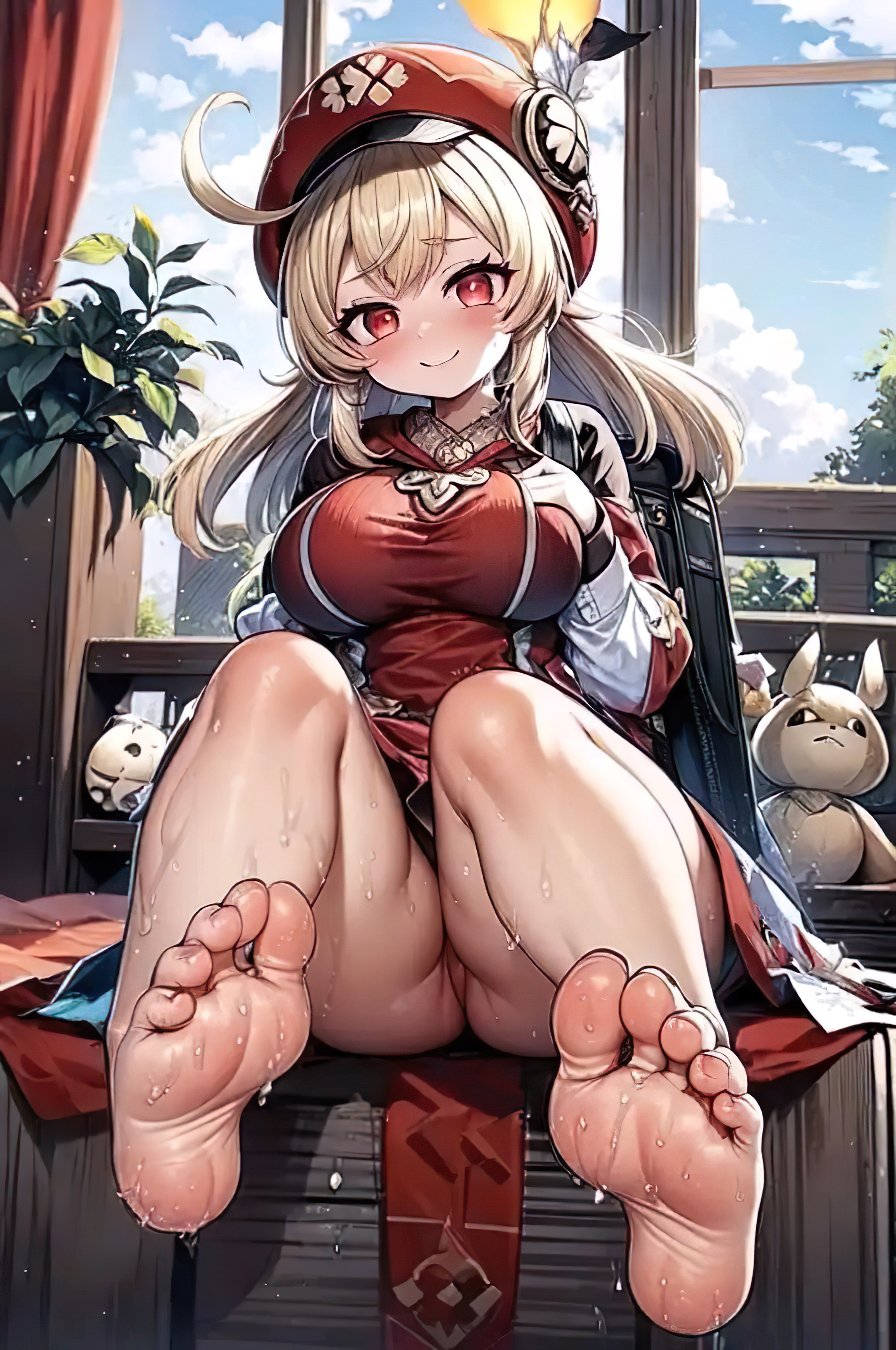 1girls, 5 toes, aged up, ai generated, alternate breast size, backpack, bare legs, bare thighs, barefoot, bedroom, big breasts, blonde hair, blush, breasts, clothed, clothing, elf ears, feet, feet up, female, female focus, female only, foopanthia, foot fetish, foot focus, footwear, genshin impact, hat, klee (genshin impact), legs, pointy ears, red eyes, sitting, smile, sole female, soles, sweat, sweatdrop, sweating, sweaty, thick thighs, thighs, toes, wet, white legwear