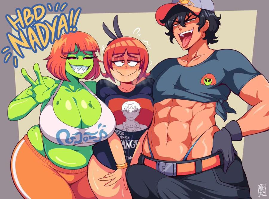 2d 2d_(artwork) 2d_artwork 2girls 2girls1boy alie_(androjuniarto) alien_girl androjuniarto aroused aroused_smile astro_(gassytank) big_breasts blush bulge cleavage curvy dark_skin erection erection_under_clothes green_skin looking_pleasured looking_up male muscular_male orange_hair original original_character red_hair shirt smile t-shirt tagme voluptuous_female