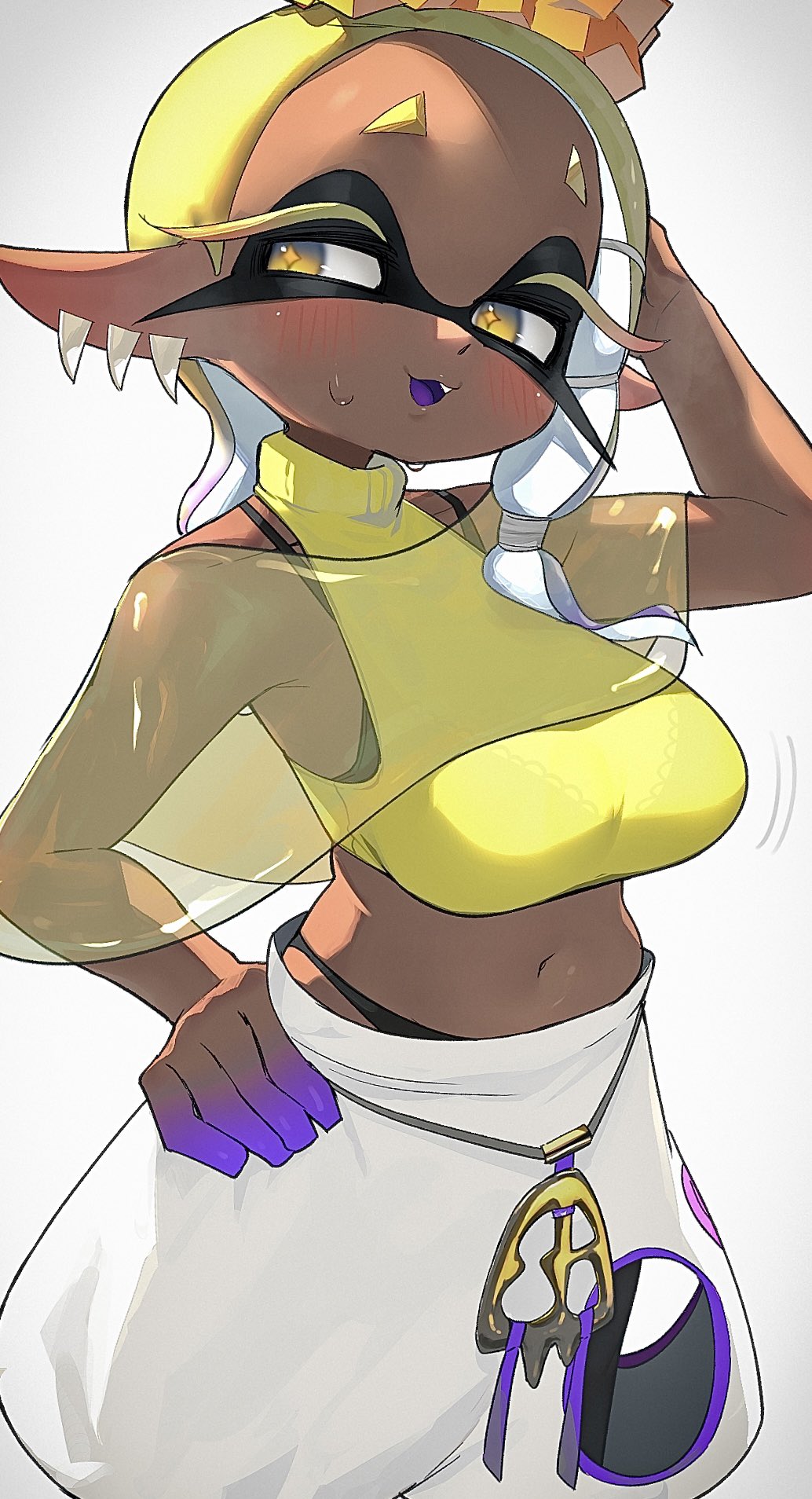 1girls breasts brown_skin clothed dark-skinned_female dark_skin female frye_(splatoon) hand_on_hip hizake huge_breasts inkling kashu_(hizake) looking_at_viewer naughty_face nintendo short_hair smile solo splatoon splatoon_(series) splatoon_3 yellow_hair