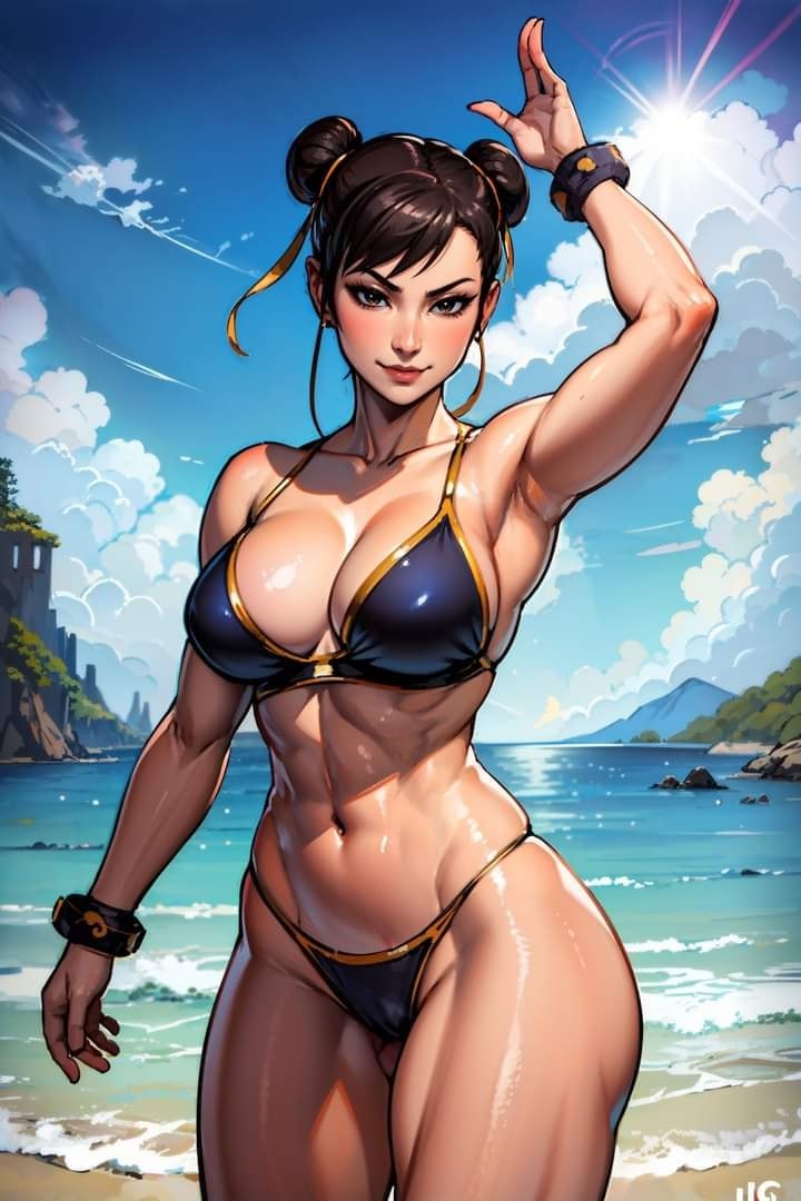 1girls, ai generated, breasts, chun-li, female, looking at viewer, muscular, muscular female, ocean, solo, solo female, solo focus, street fighter
