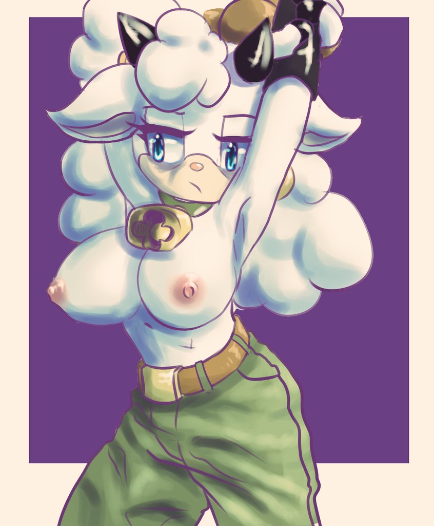 1girls 2d anthro armpits arms_above_head arms_up bell bell_collar belt belt_buckle big_breasts big_hair blue_eyes bovid breasts caprine cargo_pants collar cowbell dipstick_fingers eyelashes female female_only fluffy fluffy_hair frown furry furry_only horn horns huge_breasts idw_comics idw_publishing lanolin_the_sheep large_breasts long_hair looking_away mobian mobian_(species) mobian_sheep nes_pandansfw pants partially_clothed pink_nose sega sheep sheep_ears sheep_girl sheep_horns solo sonic_(series) sonic_the_hedgehog_(comics) sonic_the_hedgehog_(idw) sonic_the_hedgehog_(series) standing stretching topless topless_female white_body white_fur white_hair wool wool_(fur)