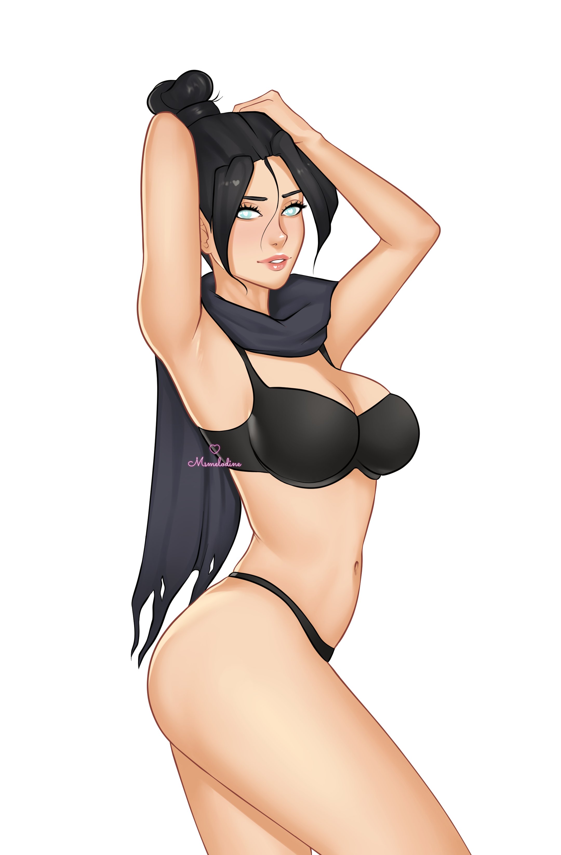 1girls, 2d, apex legends, black hair, bra, breasts, female, female only, hair bun, heart-shaped pupils, looking at viewer, msmelodine, navel, pose, scarf, smile, solo, thighs, white background, wraith (apex legends)