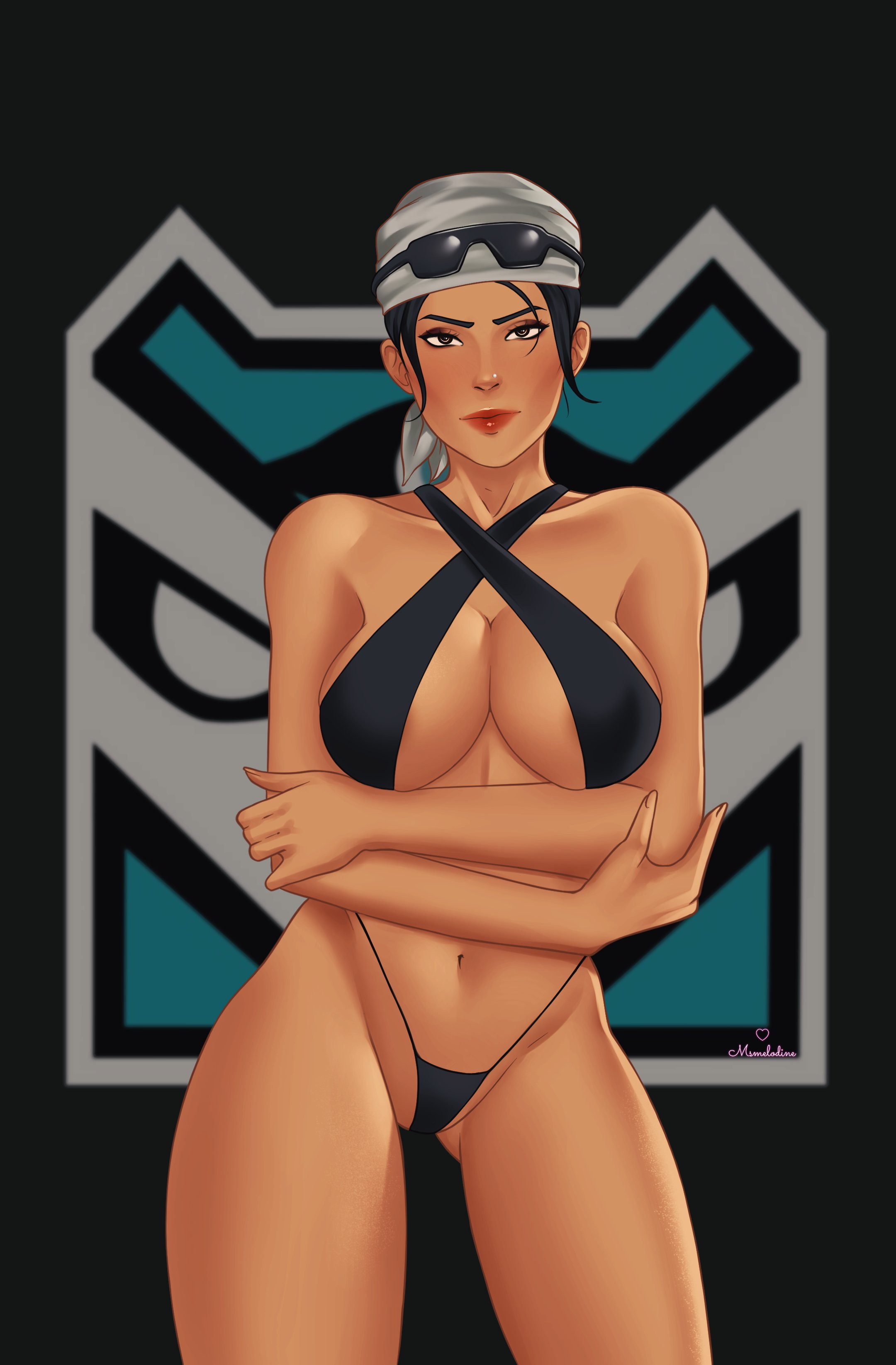1girls, arms crossed, bandana, bikini, brown body, female, female only, indian, indian female, kali (rainbow six), msmelodine, rainbow six, rainbow six siege, solo, sunglasses, sunglasses on head