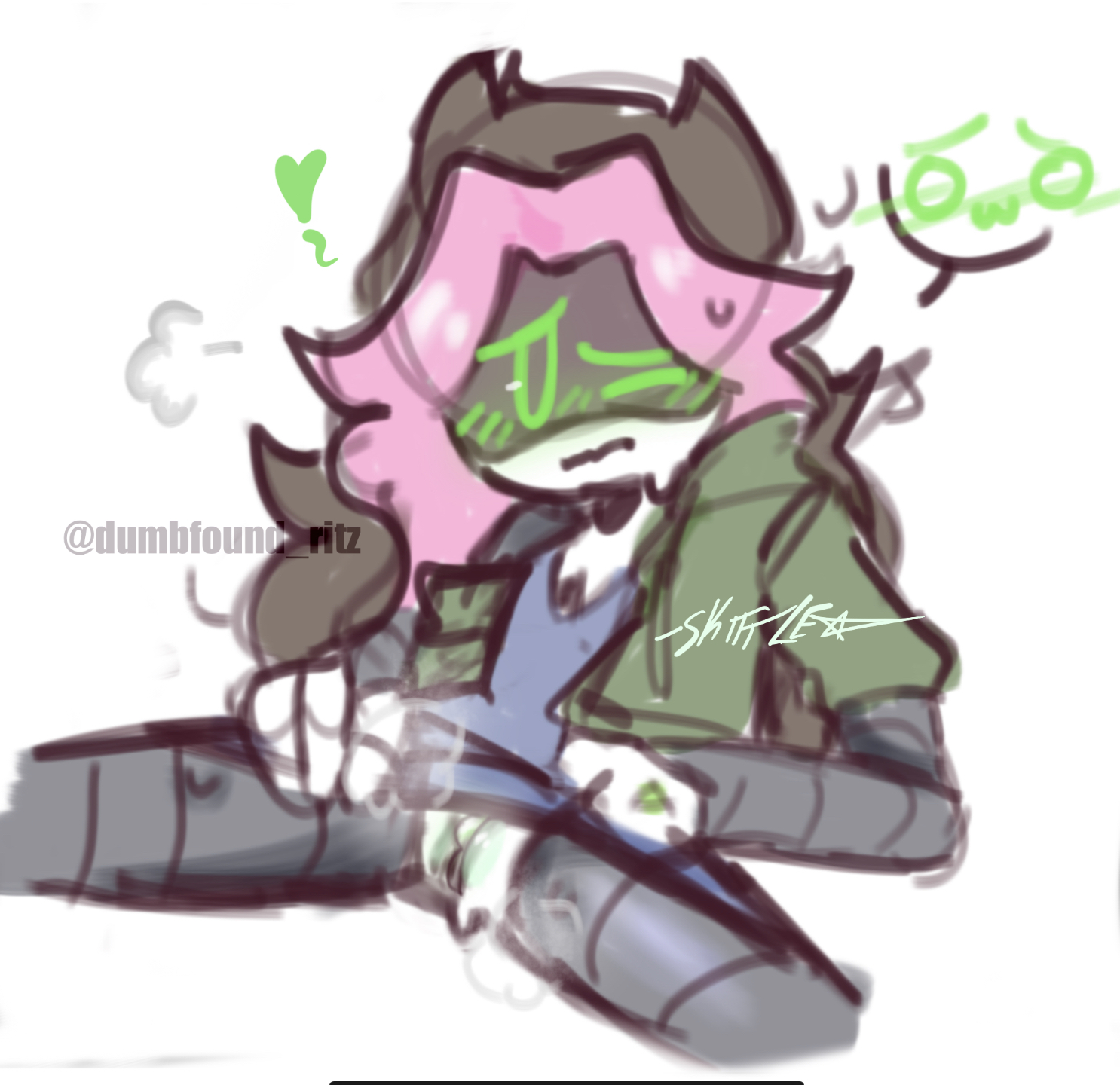 2d, blush, clothed, cute, dumbfound ritz, female, female only, green eyes, humanoid, murder drones, oc, open legs, original character, pink hair, robot, robot girl, robot humanoid, screen face, shy, solo, spread legs, steam, twitter username, wholesome