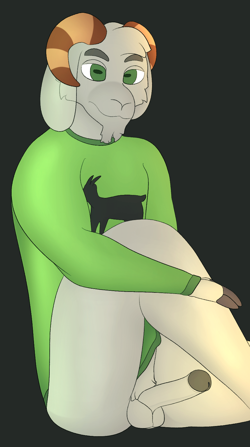 anthro bottomless bovid caprine clothed clothing curved_horn facial_hair floppy_ears fur genitals goat goatee green_clothing green_eyes green_sweater green_topwear grey_body grey_fur grey_penis gusta head_tuft hi_res hooves horn humanoid_genitalia humanoid_penis jack_pilgor_(walpinsta) male mammal penis sitting solo sweater topwear tuft