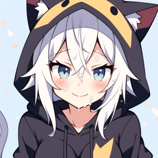 ai_generated blush cat_hoodie cum cum_on_face hoodie looking_at_viewer medium_breasts smile smiling_at_viewer white_hair