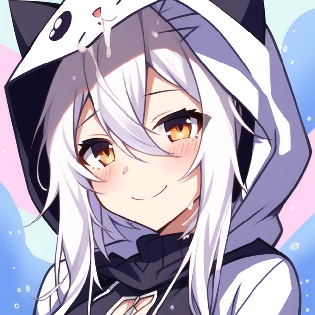 ai_generated blush cat_hoodie cum cum_on_face hoodie looking_at_viewer medium_breasts smile smiling_at_viewer white_hair