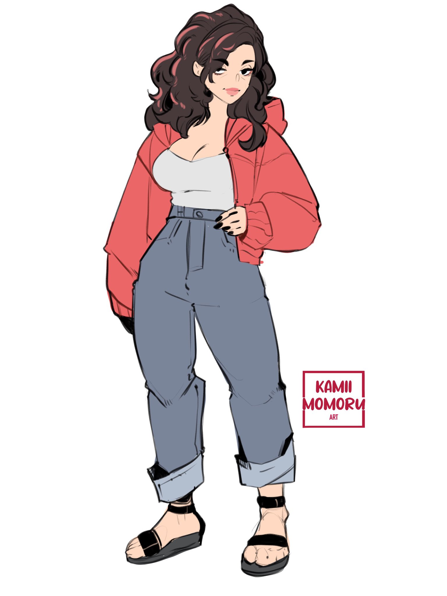 1girls, big breasts, black hair, breasts, female, female focus, female only, hi res, high resolution, highres, jacket, jeans, kamii momoru, long hair, oc, open toe shoes, original, original character, sandals, solo, solo female, solo focus, tagme, tank top