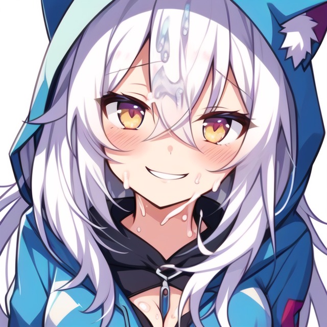 ai_generated blush cat_hoodie cum cum_on_face hoodie looking_at_viewer medium_breasts smile smiling_at_viewer white_hair