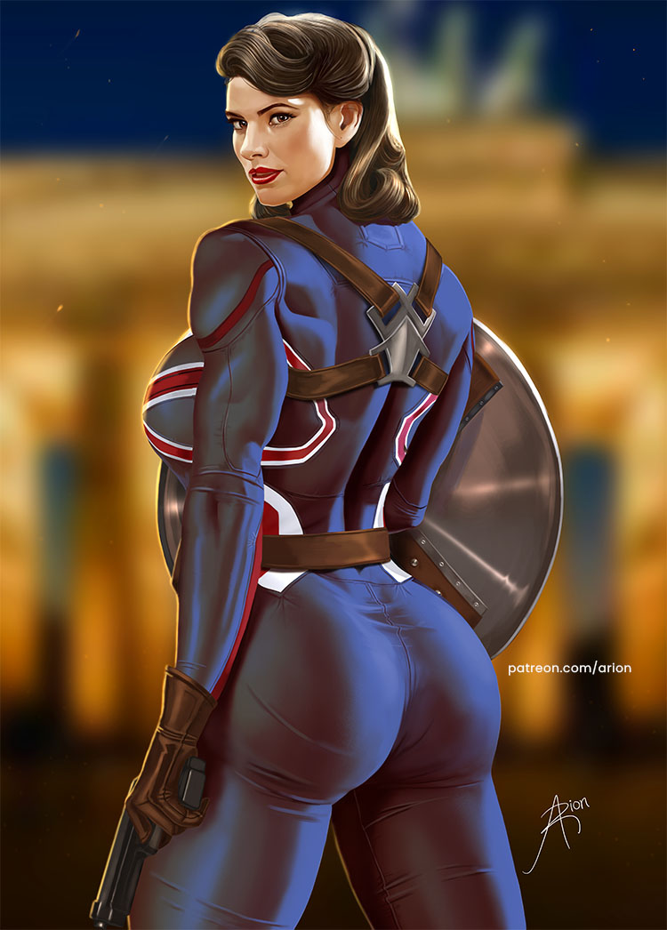 1girls arion69 arm_at_side berlin big_ass big_butt blue_bodysuit blurred_background brandenburg_gate brown_belt brown_eyes brown_gloves brown_hair captain_america_(series) captain_carter cowboy_shot disney female female_only gloves gun hayley_atwell human human_only light-skinned_female light_skin looking_over_shoulder marvel marvel_cinematic_universe muscular muscular_female peggy_carter pistol pistol_in_hand shield shoulder_holster superheroine voluptuous voluptuous_female weapon