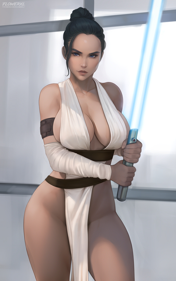 1girls, ass, barely clothed, big ass, big breasts, blue eyes, blue lightsaber, breasts, brown hair, cleavage, dark brown hair, female, female only, flowerxl, hair buns, large breasts, lightsaber, looking at viewer, no bra, no panties, partially clothed, revealing clothes, rey, sash, skimpy, solo, star wars, tagme, thick thighs