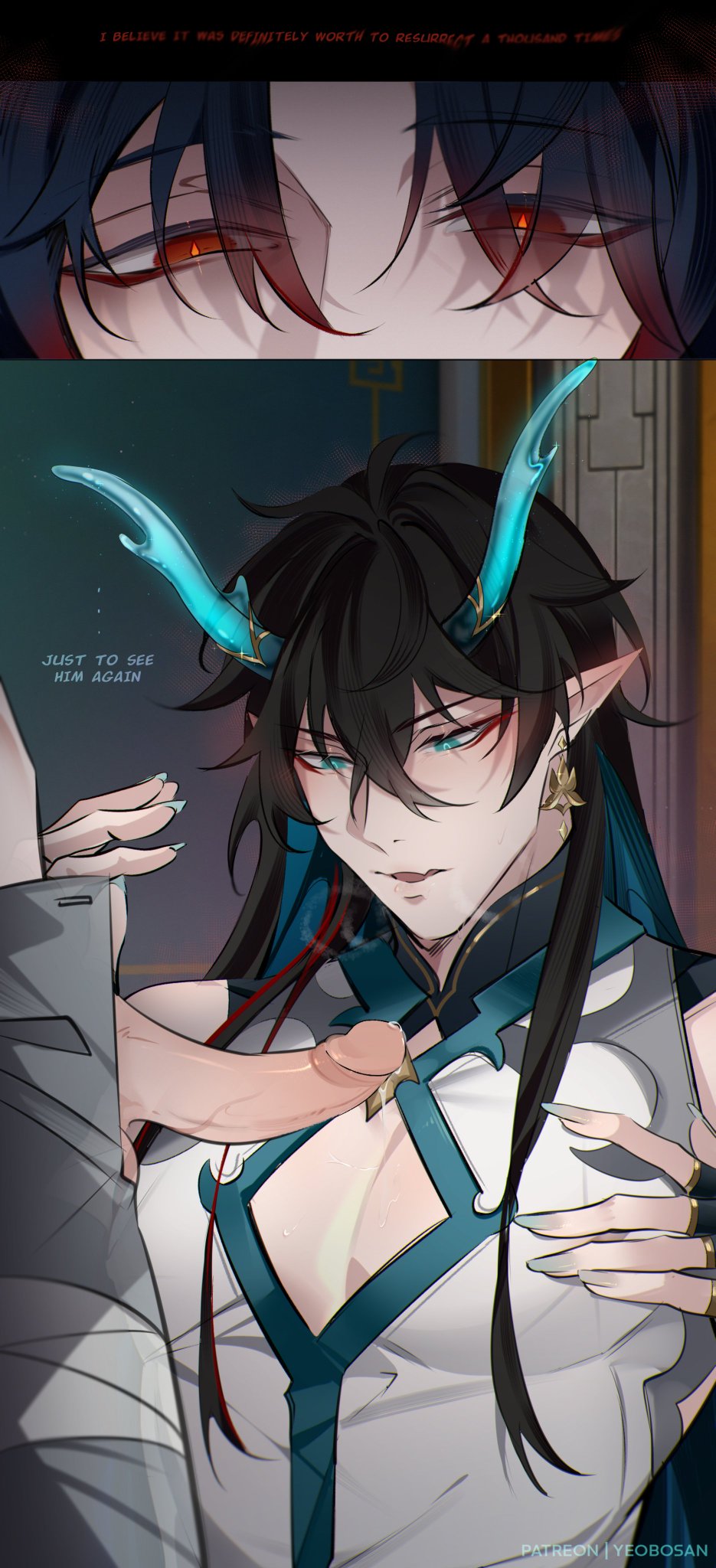 2boys, blade (honkai: star rail), boob window, breasts, dan heng, dan heng (imbibitor lunae), dragon boy, dragon horns, gay, green eyes, honkai: star rail, horns, long hair, looking at penis, male, male only, penis, precum, yaoi, yeobosannsfw