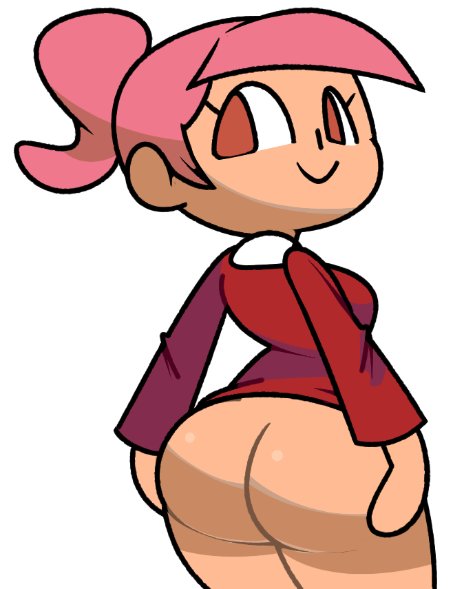 animal crossing, animal crossing girl, ass, big ass, big butt, bottomless, bottomless skirt, dress, female, female only, happy, looking at viewer, looking back, nintendo, pink hair, ponytail, smile, solo, solo female, standing, vilepluff, villager (animal crossing)