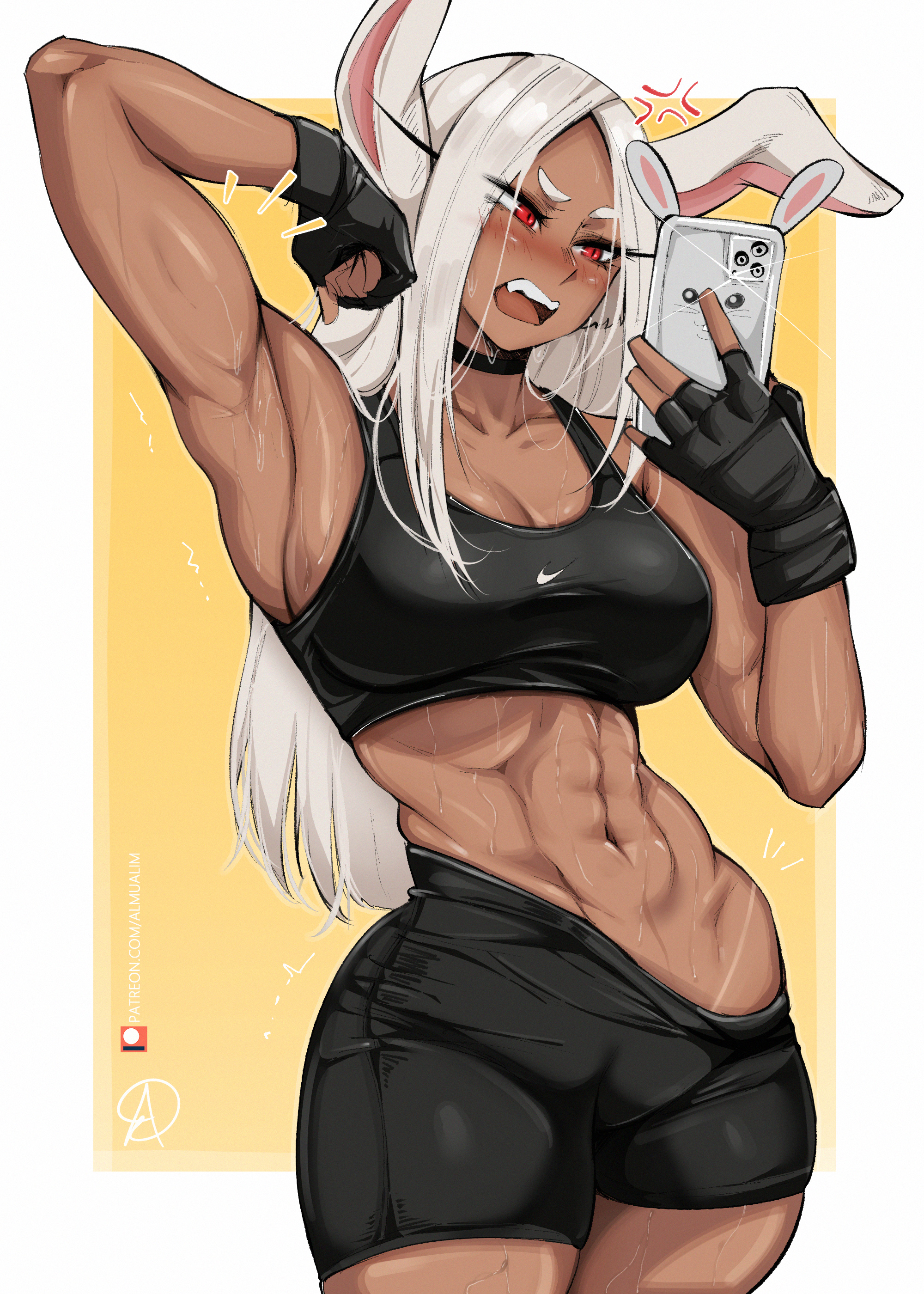 1girls, abs, almualim, booty shorts, breasts, female, large breasts, light skin, light-skinned female, long hair, miruko, muscular, muscular female, my hero academia, rabbit ears, red eyes, rumi usagiyama, short shorts, shorts, sports bra, sportswear, white hair