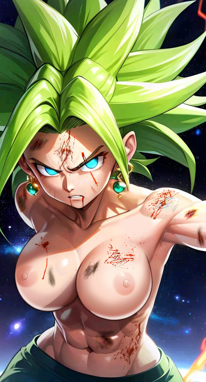 ai_generated angry_face blood dragon_ball dragon_ball_super green_eyes kefla large_breasts legendary_super_saiyan muscular_female nekom14 nipples potara_earrings potara_fusion scars super_saiyan super_saiyan_2 topless