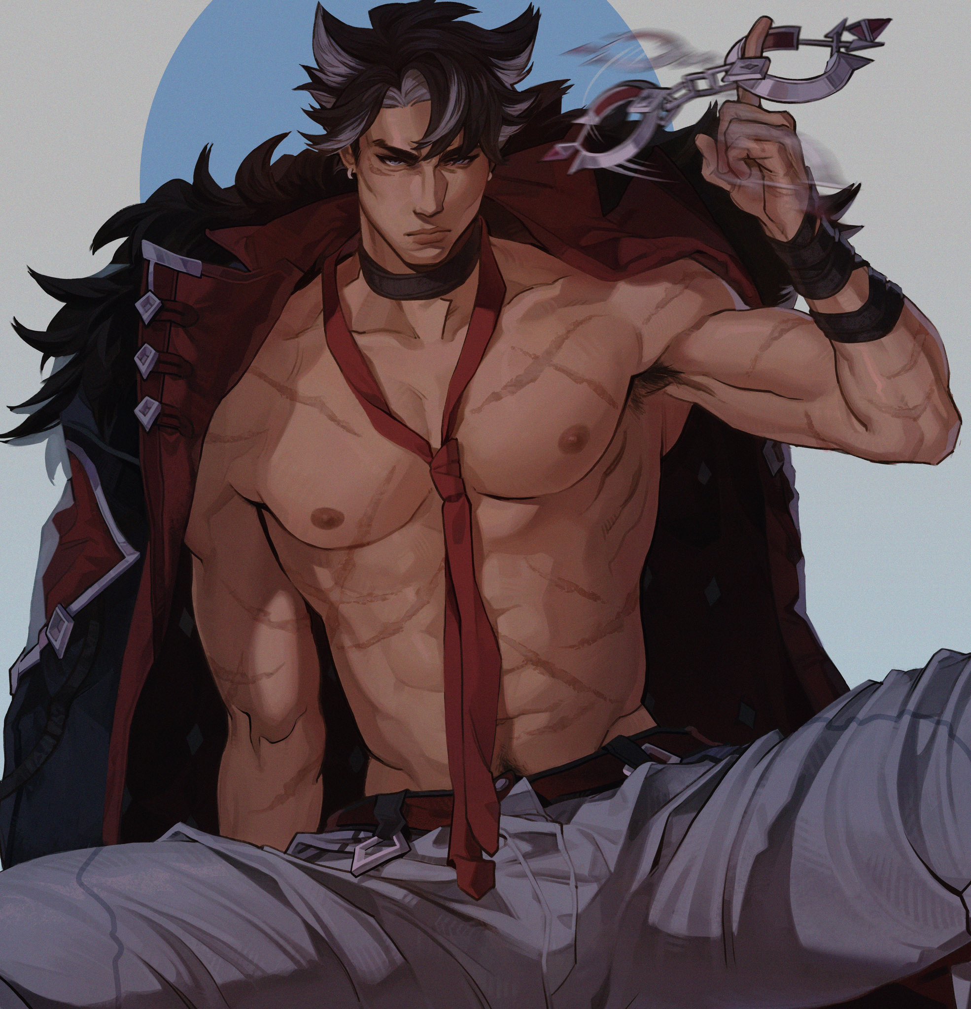 abs, armpit hair, bara, bulge, genshin impact, male, male focus, male only, muscles, muscular, muscular male, pol33tlin, posing, pubic hair, scars, solo focus, wriothesley (genshin impact), yaoi