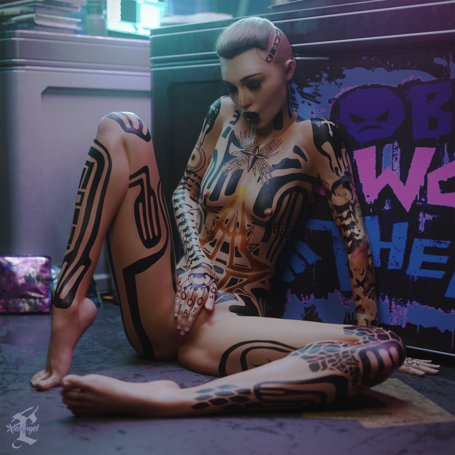 1girls, 3d, areolae, barefoot, blender, breasts, closed eyes, completely nude, detailed background, electronic arts, feet, female, female focus, female only, flat chest, highres, jack (mass effect), light skin, light-skinned female, looking down, looking pleasured, mass effect, mass effect 2, mass effect 3, masturbation, nipples, nude, nude female, on floor, pleasure face, pussy, pussy lips, pussy peek, rubbing, rubbing pussy, sitting, small breasts, solo, solo focus, spread legs, tattoo, tattoos, toes, vagina, watermark, xieangel
