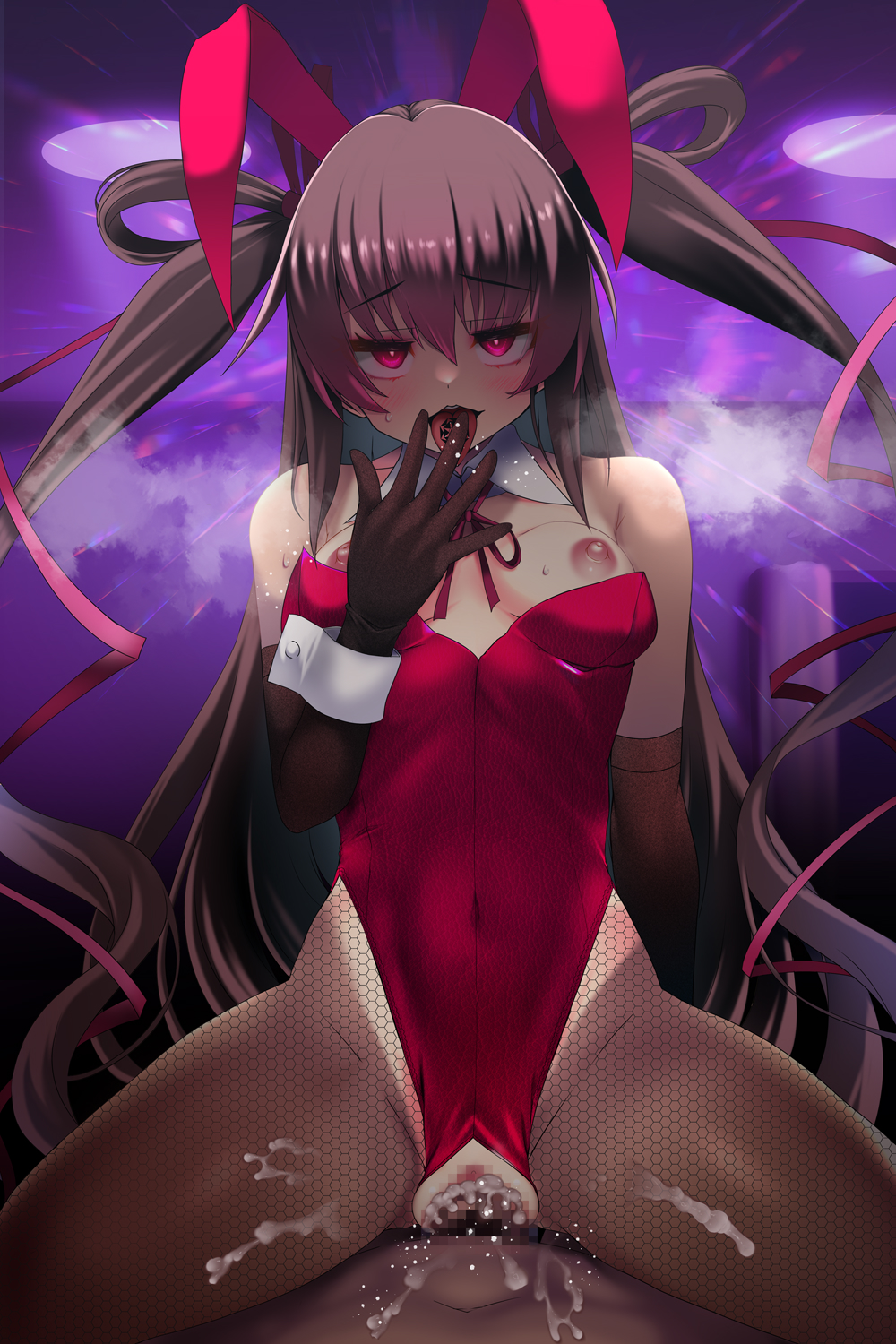 1boy, 1girls, alternate costume, animal ears, arm support, bare shoulders, breasts, brown hair, bunny ears, bunny girl, bunnysuit, censored, cleavage, clothed sex, covered navel, cowgirl position, cum, cum in pussy, cum overflow, curvy, dark skin, dark-skinned male, eyeshadow, fake animal ears, female, gloves, heavy breathing, hi res, highleg, highleg leotard, interracial, leotard, long hair, looking at viewer, male, male pov, mizuki yukikaze, mosaic censoring, naughty face, navel, nipples, okuri banto, on top, pantyhose, penetration, penis, pink eyes, pussy, red leotard, sex, sitting, sitting on person, small breasts, spread legs, straddling, straight, strapless leotard, taimanin (series), taimanin yukikaze, tan, tanline, tattoo, thong leotard, tongue, tongue out, tongue tattoo, twintails, vaginal penetration