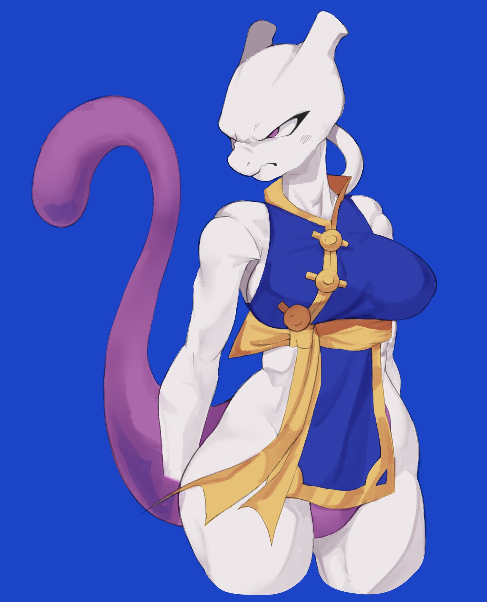 2 horns, anthro, asian clothing, big breasts, blue background, blue clothing, breasts, clothed, clothing, cute, cute face, digital media (artwork), featureless crotch, female, female only, frown, generation 1 pokemon, grey body, grey skin, hi res, horn, legendary pokemon, looking away, looking off screen, martial arts style mewtwo, mewtwo, narrowed eyes, nintendo, patreon, pokemon, pokemon (species), pokemon unite, purple eyes, purple tail, rottenarmor, simple background, solo, solo female, standing, tail, thick thighs, wide hips