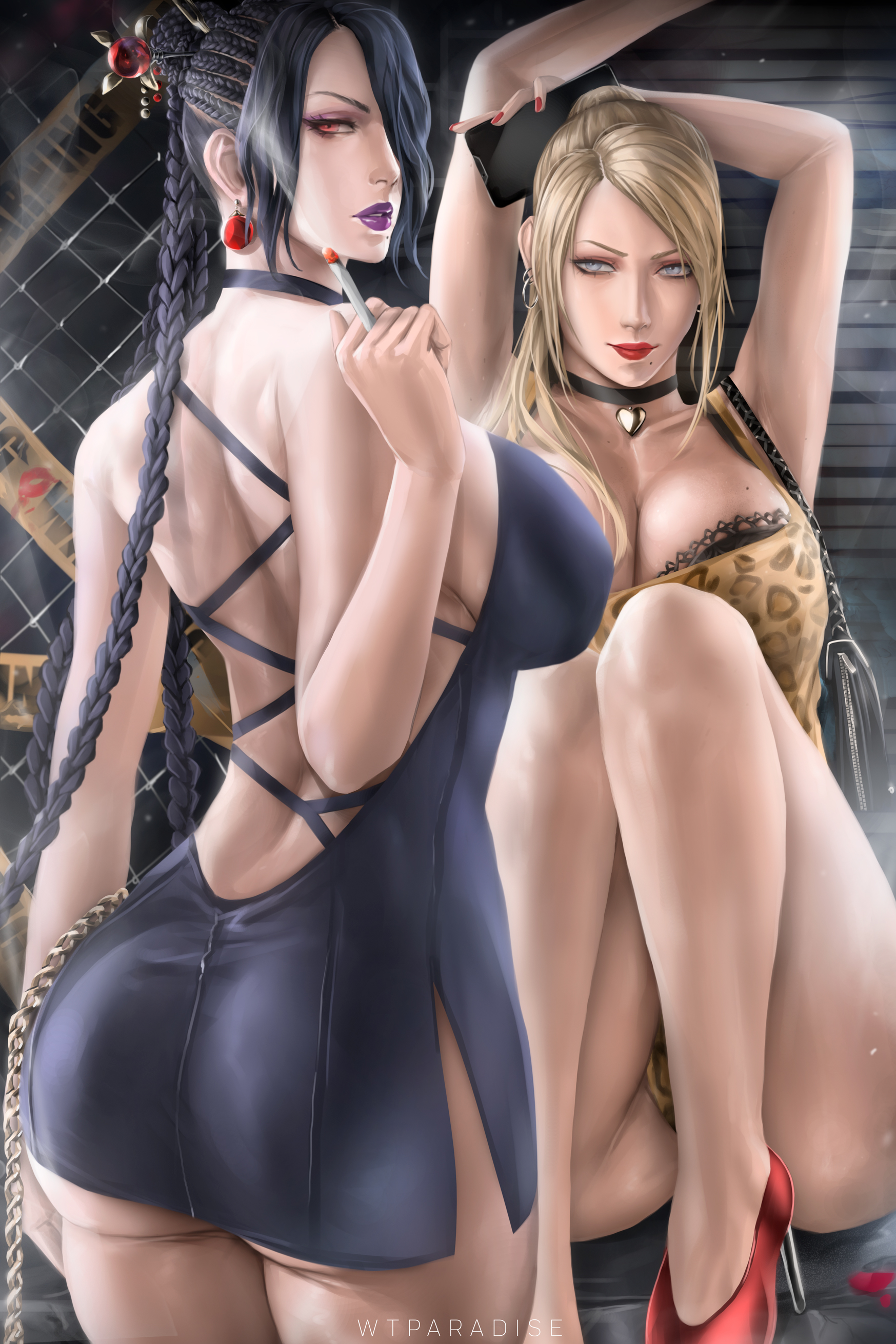 ass, ass focus, blonde hair, braid, braided hair, breasts, brown hair, brunette hair, cigarette, cornrows, fat ass, female, final fantasy, final fantasy x, high heels, large breasts, lulu (final fantasy), metroid, nintendo, panties, pantyshot, purple lipstick, red eyes, samus aran, square enix, tagme, thick, thick ass, thick thighs, wtparadise