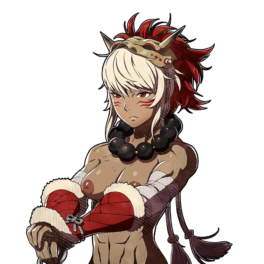 1girls abs accessory bangs bare_midriff bare_shoulders breasts completely_nude dark-skinned_female dark_skin edit female female_only fire_emblem fire_emblem_fates frown inverted_nipples mask medium_breasts midriff muscular muscular_female nintendo nipples nude nude_female nude_filter red_eyes rinkah_(fire_emblem) samuraijam34 short_hair shoulders solo transparent_background upper_body weapon