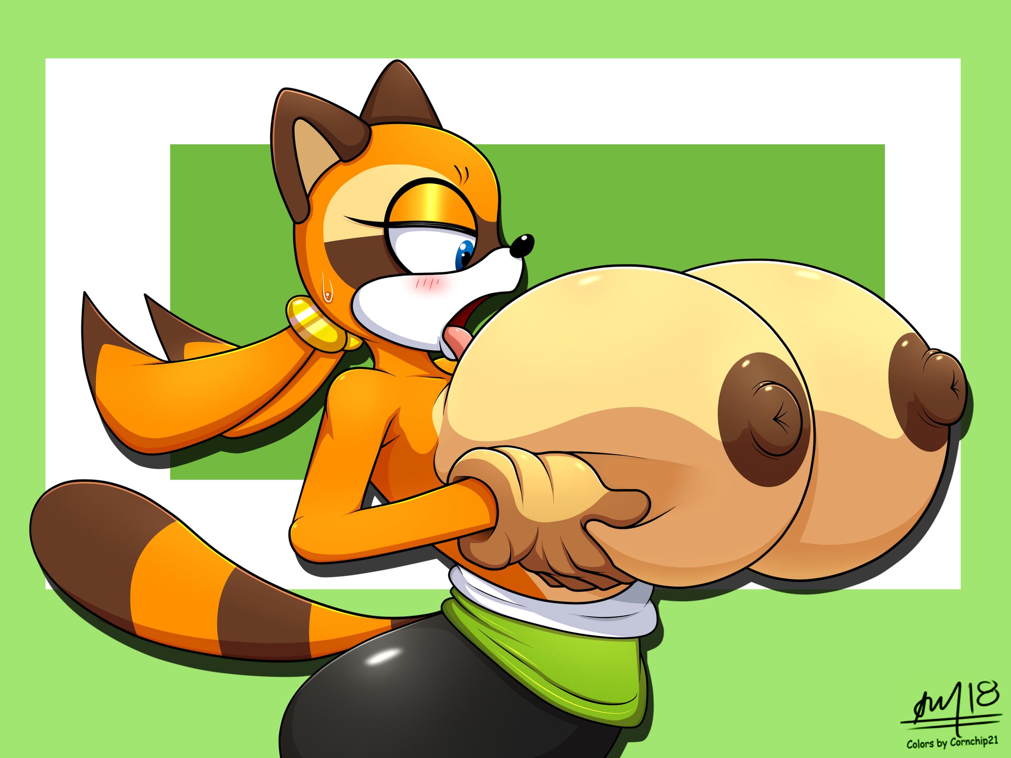 1girls, ass, big areola, big ass, black nipples, blush, bottomwear, breasts, colored sketch, cornchip21, cricket-inc, erect nipples, female, female only, furry, gloves, holding breast, holding own breast, huge breasts, marine the raccoon, nipples, racoon girl, sega, sonic (series), sonic the hedgehog (series), topless