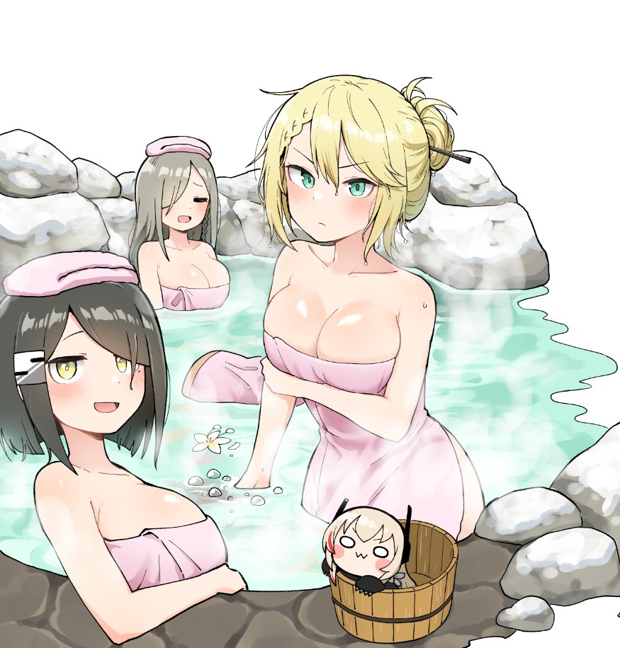 3girls black_hair blonde_hair blue_eyes blush breasts cleavage closed_eyes colored_skin commentary_request female_commander_(girls'_frontline) g36_(girls'_frontline) g36c_(girls'_frontline) girls'_frontline grey_hair hair_bun hair_ornament hairpin junsuina_fujunbutsu large_breasts m4_sopmod_ii_jr multiple_girls naked_towel one_eye_covered onsen saiga-12_(girls'_frontline) siblings single_hair_bun sisters smile towel towel_on_head wading water yellow_eyes