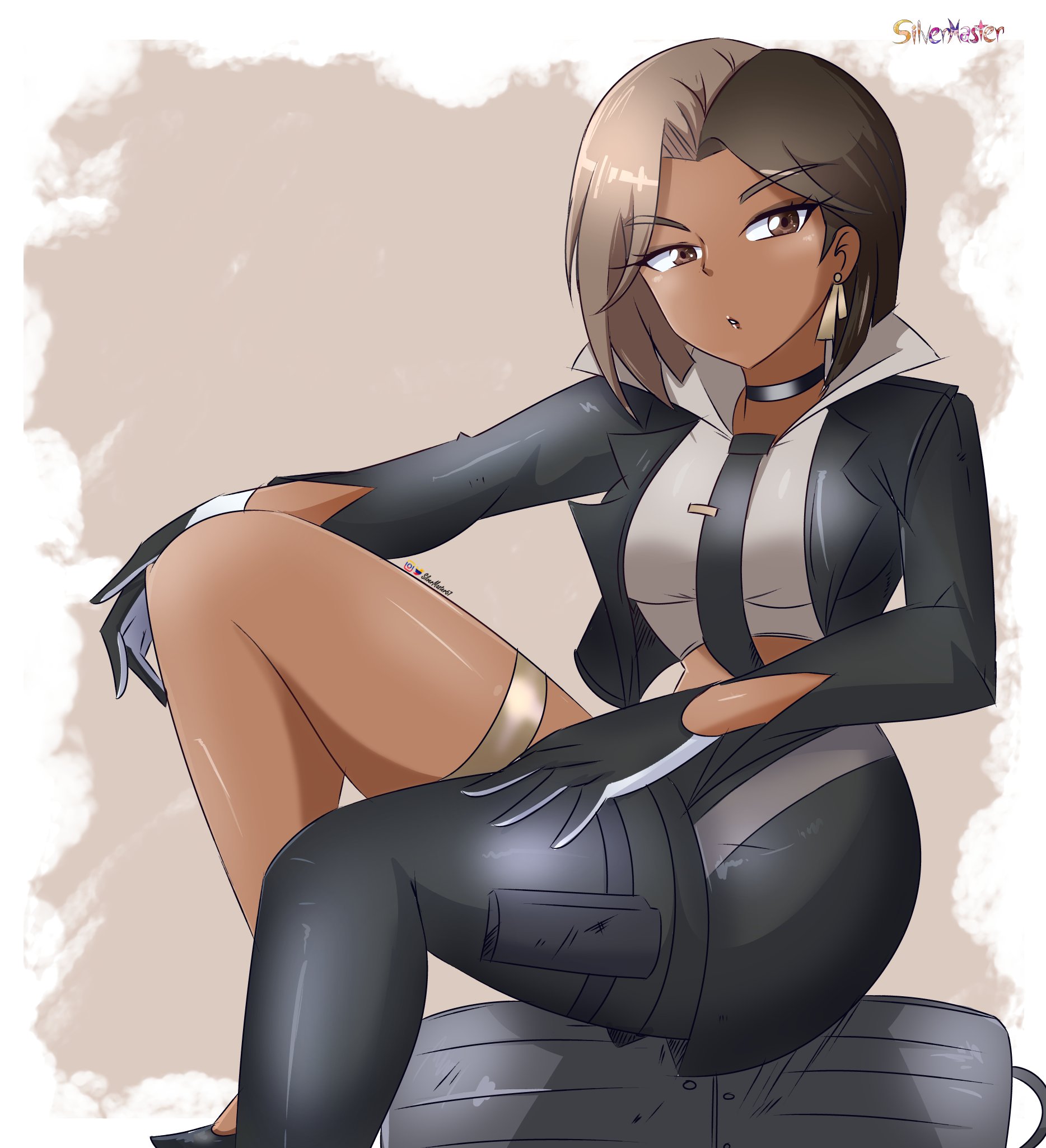 1girls, anime style, antonia (fortnite), brown background, brown eyes, brown hair, business woman, choker, earrings, fanart, female, female only, fortnite, fortnite: battle royale, gloves, high heels, serious, sfw, silvermaster, simple background, solo, tagme, thick thighs, tie