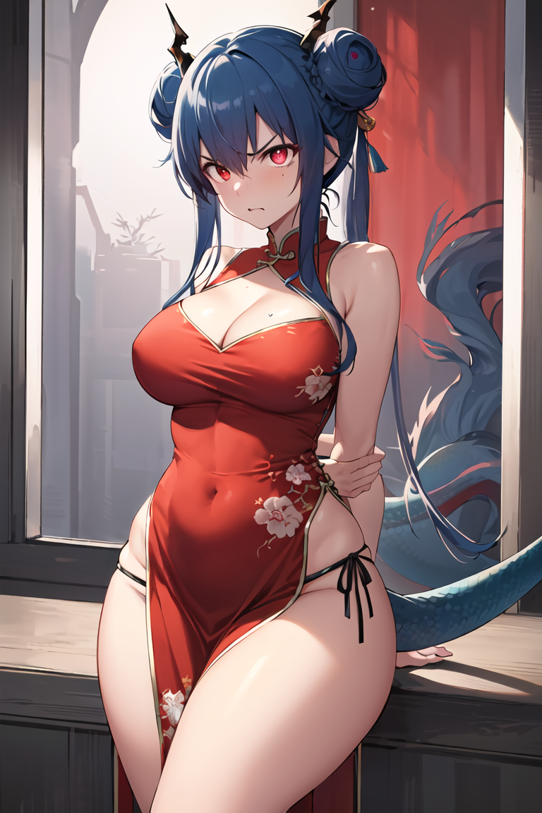 1girls ai_generated angry arknights bare_thighs black_panties black_thong blue_hair blush breasts ch'en_(ageless_afterglow)_(arknights) ch'en_(arknights) cheongsam china_dress chinese_clothes cleavage curvy dress dress_slit embarrassed female female_only gardener_ai hair_bun horn hourglass_figure medium_breasts no_pants no_shorts panties pelvic_curtain qipao red_dress red_eyes revealing_clothes side-tie_panties skimpy slit slitfluid solo stable_diffusion standing string_panties tail thick_thighs thin_waist thong wide_hips