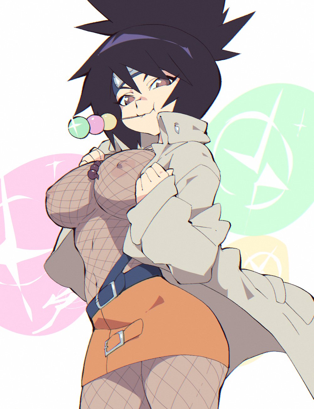 1girls aetherion_art belt black_hair breasts coat dango female food hair_between_eyes highres mitarashi_anko naruto naruto_(series) navel nipples open_clothes open_coat orange_skirt skirt solo wagashi