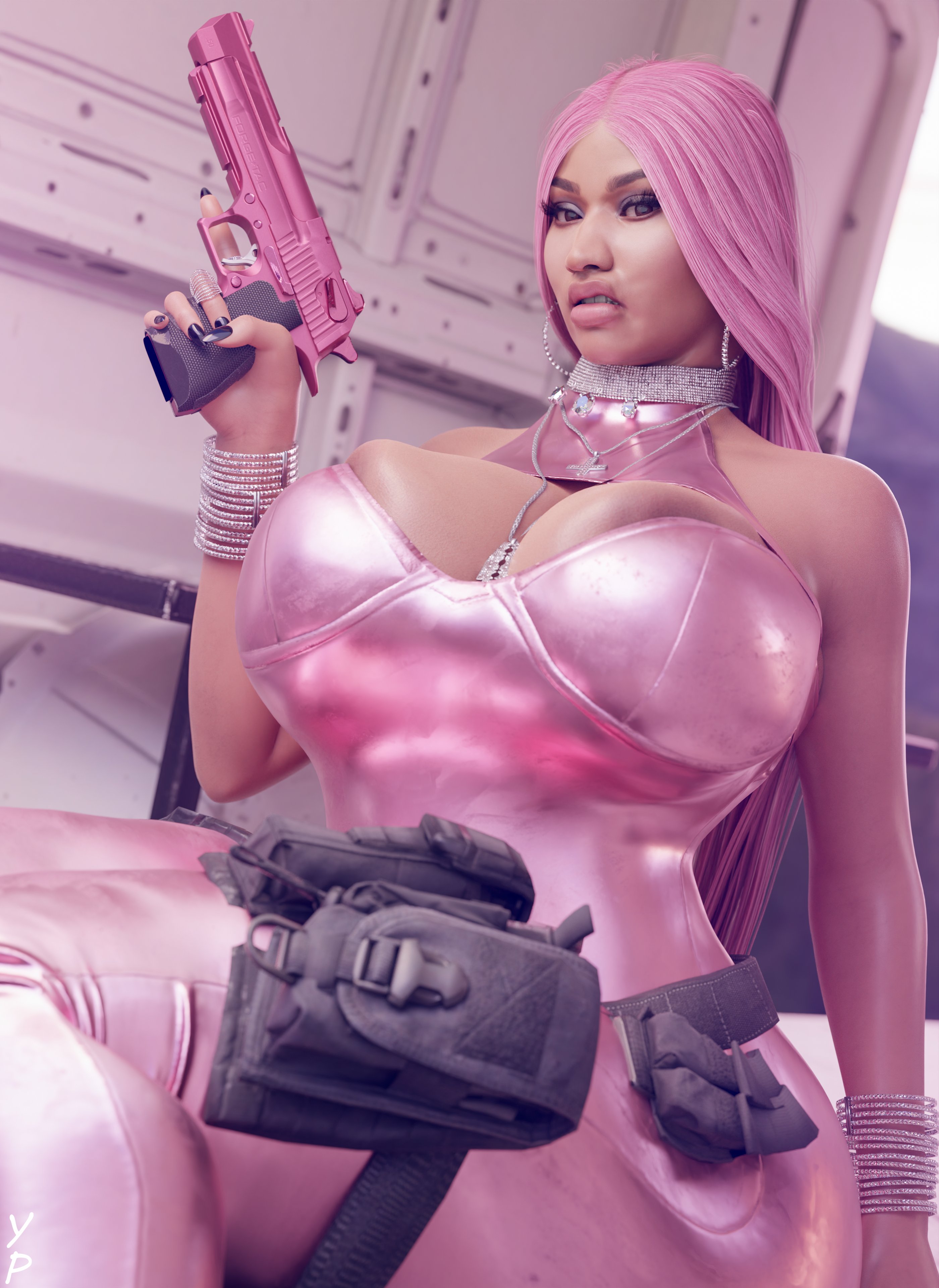 3d, breasts, busty, call of duty, call of duty modern warfare 2 (2022), call of duty warzone, dark skin, dark-skinned female, female, female focus, female only, hourglass figure, nicki minaj, nicki minaj (cod), pink hair, pinup, pinup pose, wide hips, yupal