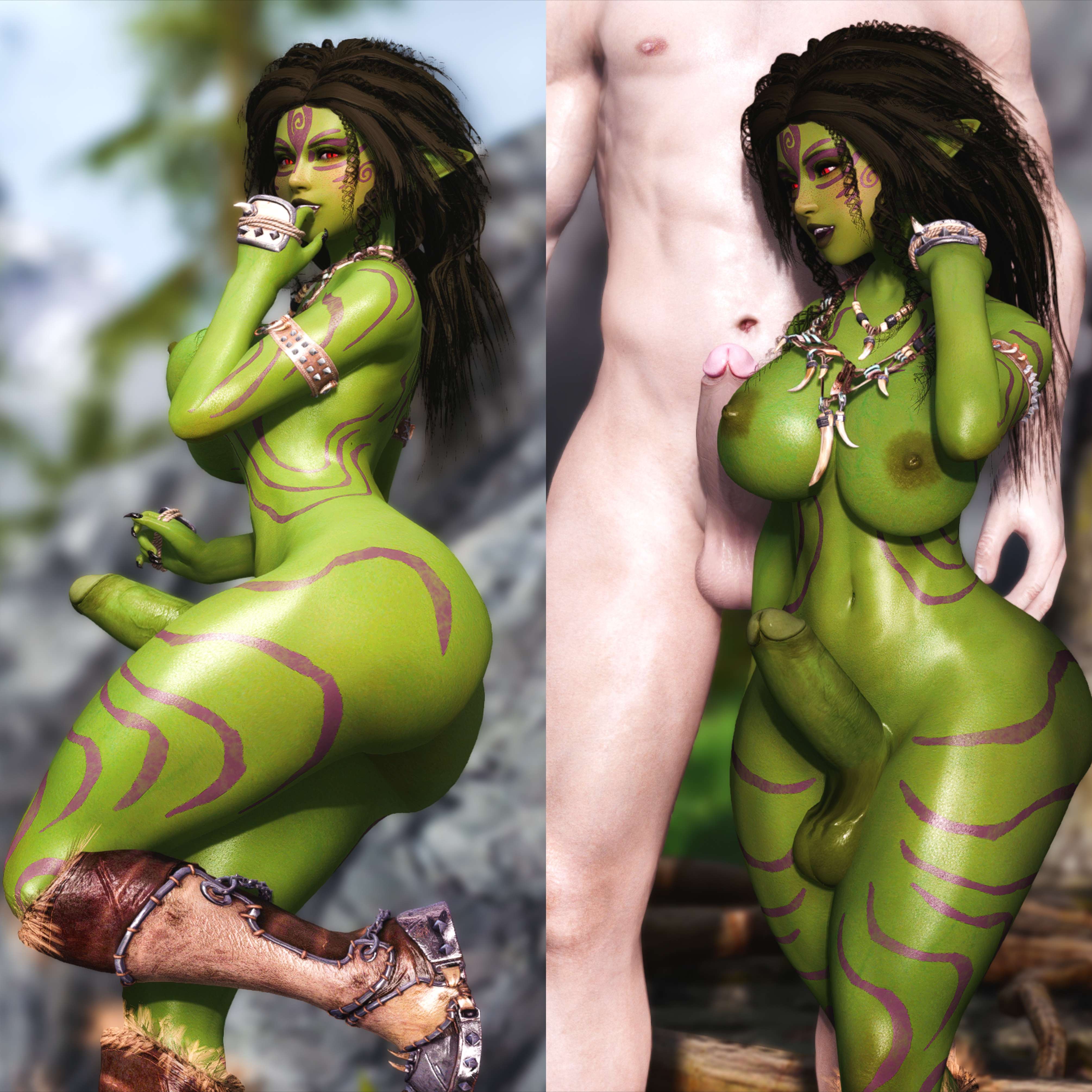 1boy, 1futa, 3d, 3d (artwork), anus, ass, ass focus, back, back view, balls, big ass, big butt, black lipstick, bottomless, bubble ass, bubble butt, butt focus, curvaceous, curves, curvy, curvy body, curvy figure, curvy hips, dickgirl, erect penis, erection, excited, fat ass, futanari, futanemesislol, goblin, goblin futa, green body, green skin, hoodie, intersex, large ass, legs apart, legwear, light skin, long hair, looking at penis, looking at viewer, looking back, makeup, male, partial male, penis, red eyes, sharp nails, sharp teeth, skyrim, small waist, tagme, talking to viewer, tattoo, the elder scrolls, thick, thick ass, thick thighs, thighs, white skin, wide hips