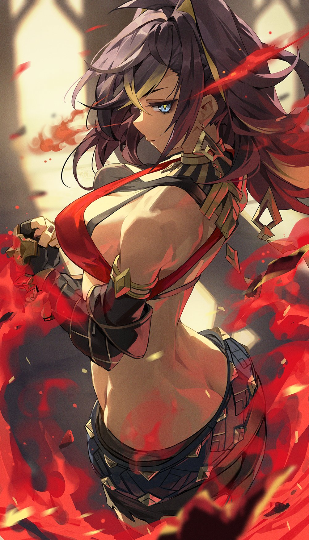 1girls, ass, bare shoulders, blue eyes, dark skin, dark-skinned female, dehya (genshin impact), detailed, female, female only, genshin impact, goomrrat, hair ears, highres, looking at viewer, looking back, partially clothed, skimpy