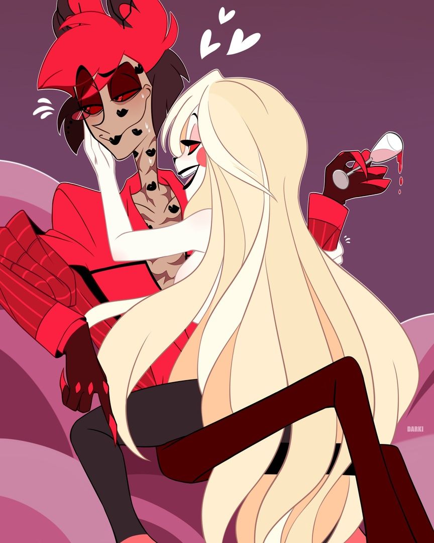 alastor (hazbin hotel), artist request, charlie morningstar (hazbin hotel), demon, demon boy, demon girl, female, hazbin hotel, imminent sex, kiss mark, male, nude, nude female, tagme, wine, wine glass