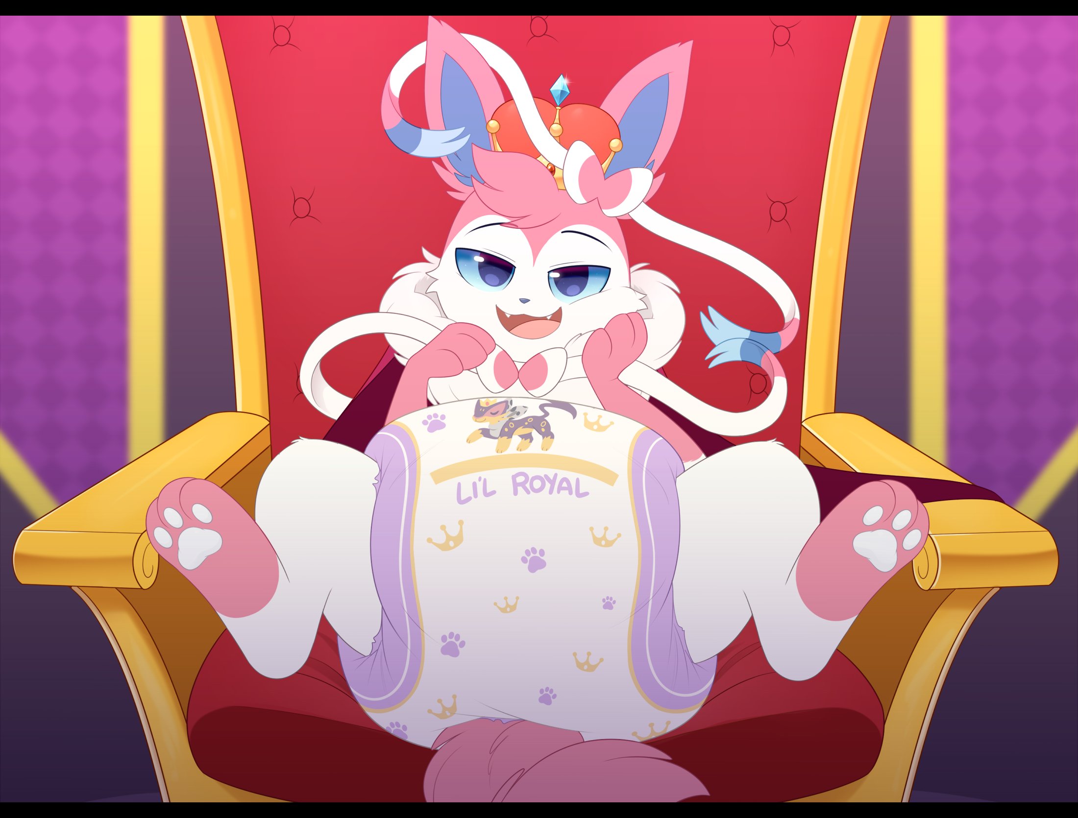 blue eyes, crown, diaper, eeveelution, fangs, feral, feral only, generation 6 pokemon, king (mrmoonmoo), male, nintendo, pawpads, paws, pink body, pink fur, pokemon, pokemon (species), ribbons, shuphle, smile, solo, spread legs, spreading, sylveon, tail, white body, white fur